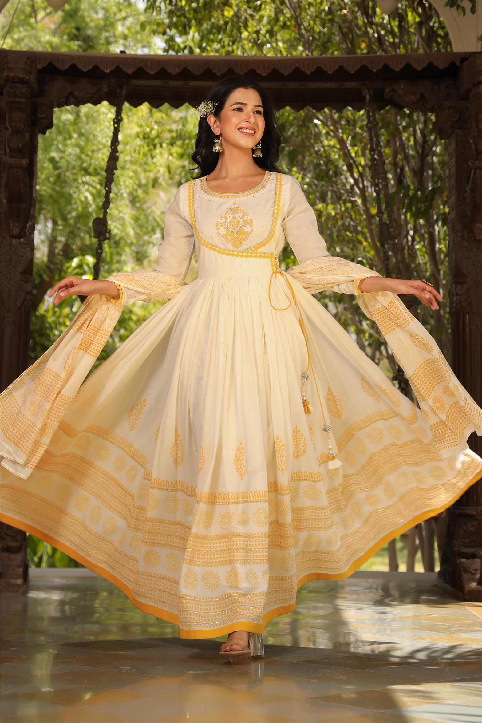 Yellow Mul Cotton Yoke Embroidered Printed Gota Angrakha Anarkali With Mul Cotton Printed Dupatta