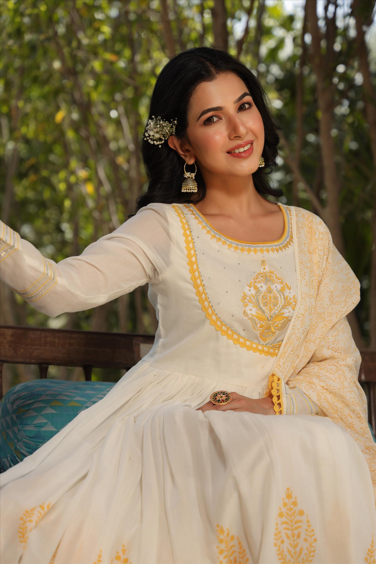 Yellow Mul Cotton Yoke Embroidered Printed Gota Angrakha Anarkali With Mul Cotton Printed Dupatta