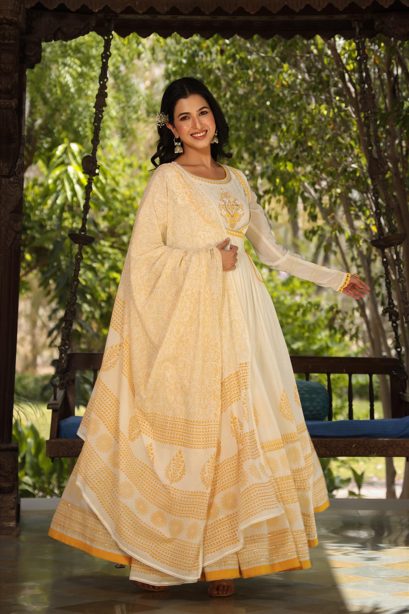 Yellow Mul Cotton Yoke Embroidered Printed Gota Angrakha Anarkali With Mul Cotton Printed Dupatta