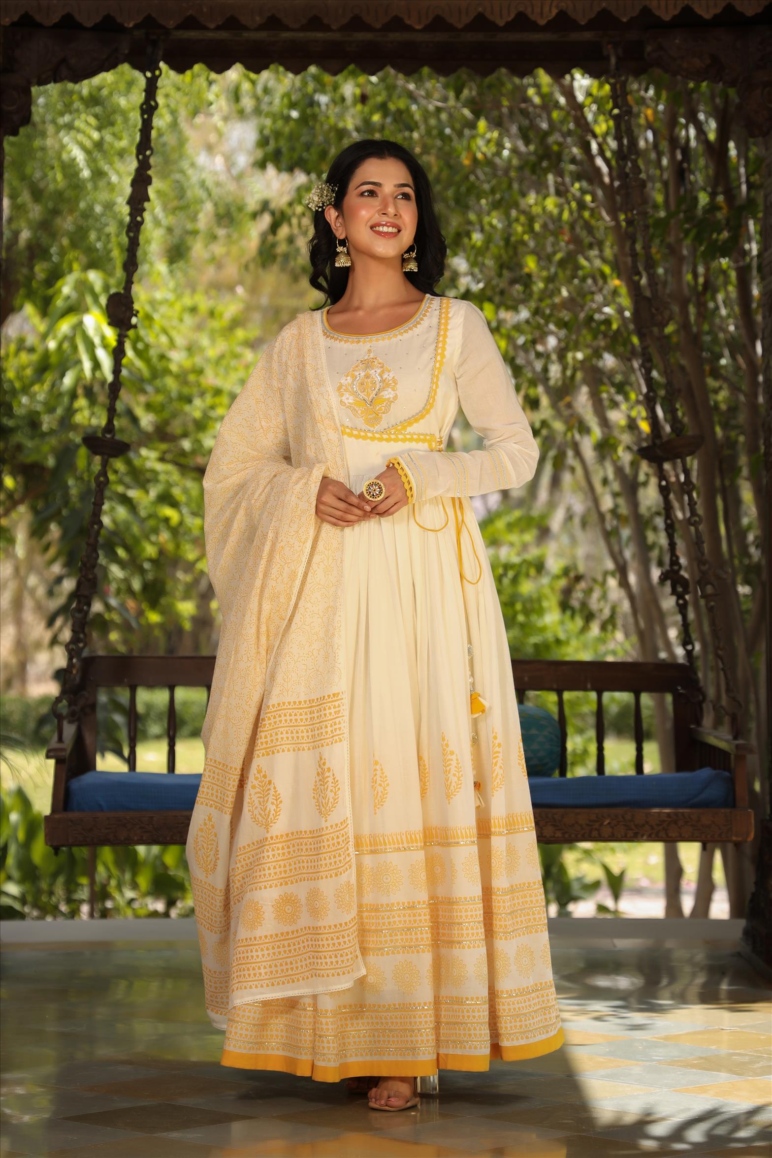 Yellow Mul Cotton Yoke Embroidered Printed Gota Angrakha Anarkali With Mul Cotton Printed Dupatta