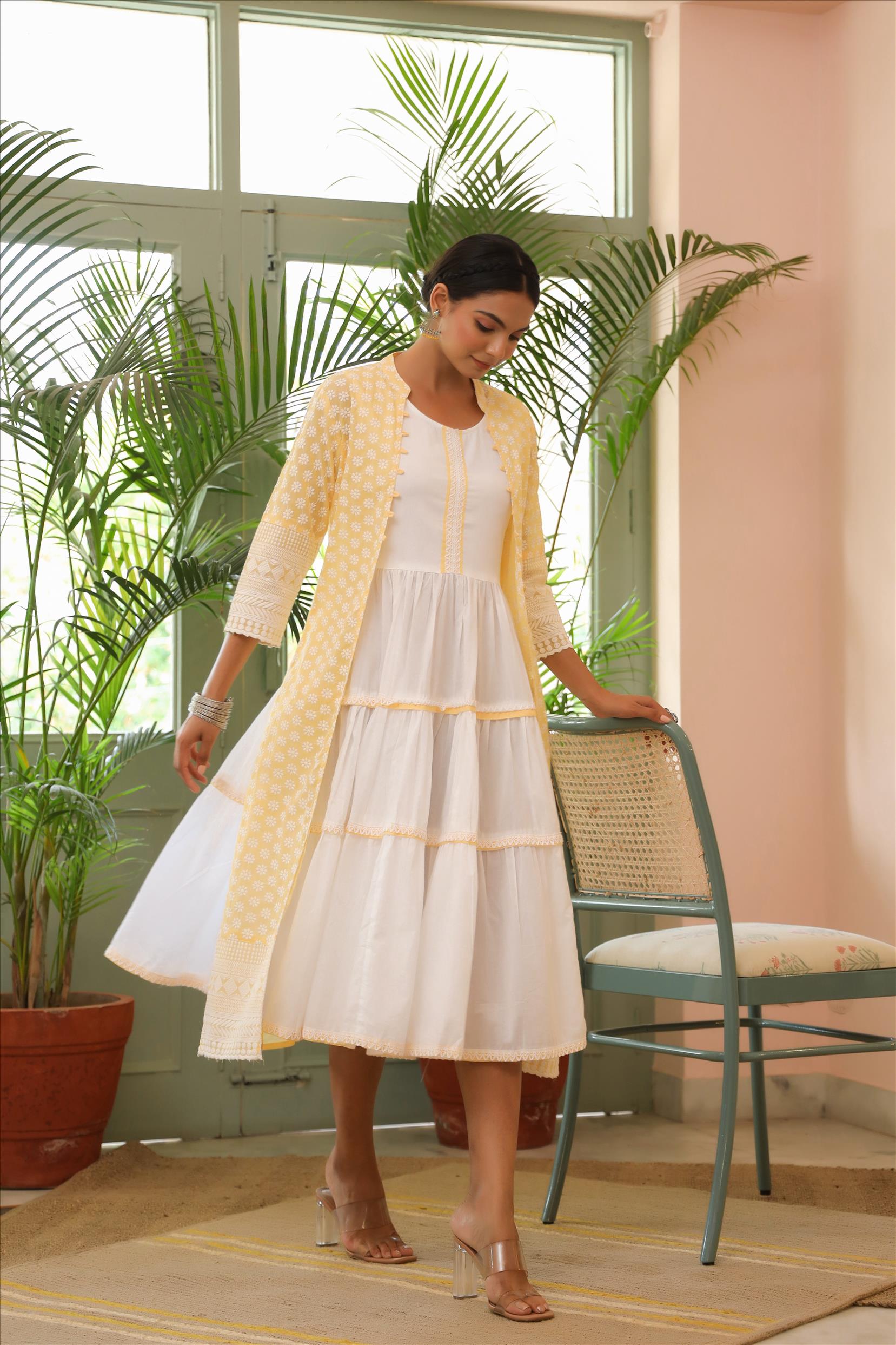 Yellow Cotton Tiered Kurta Dress With Cotton Phulkari Embroidered Jacket