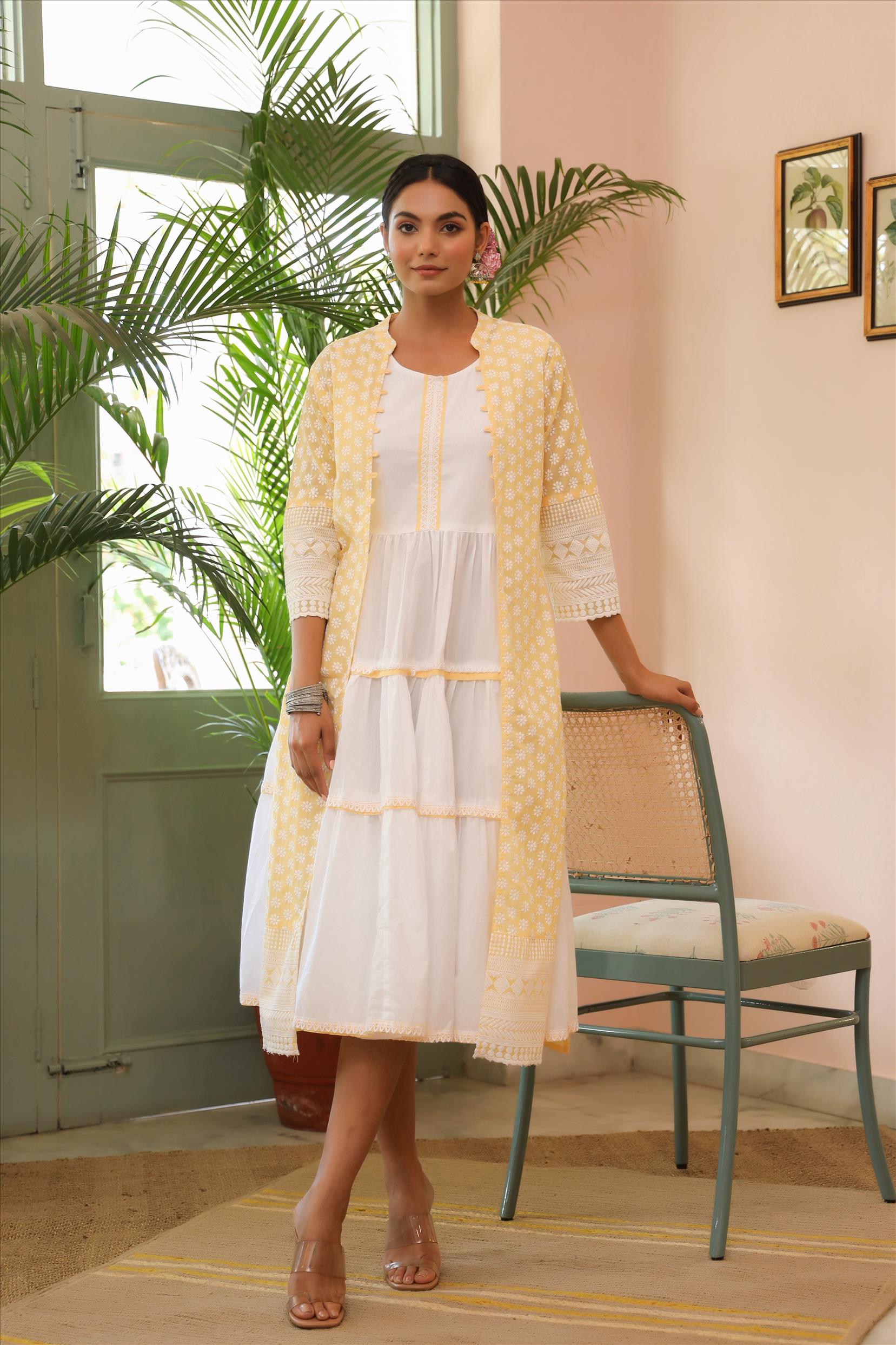 Yellow Cotton Tiered Kurta Dress With Cotton Phulkari Embroidered Jacket