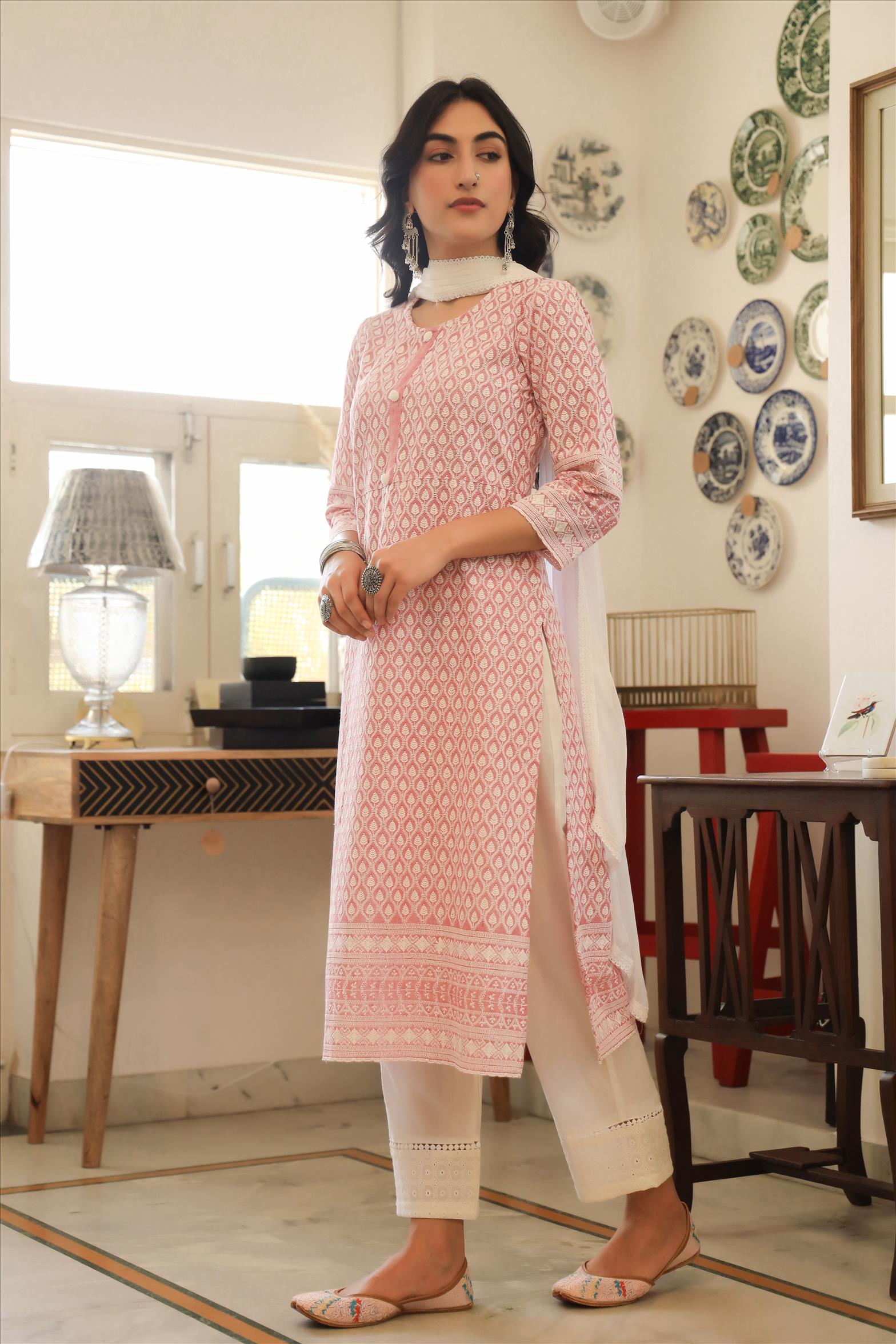 Cotton Cotton Flex Chikankari Kurta Palazzo Dupatta Suit Set