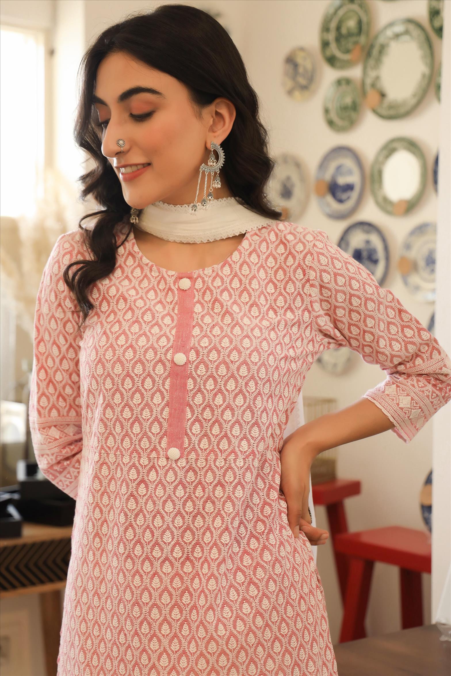 Cotton Cotton Flex Chikankari Kurta Palazzo Dupatta Suit Set