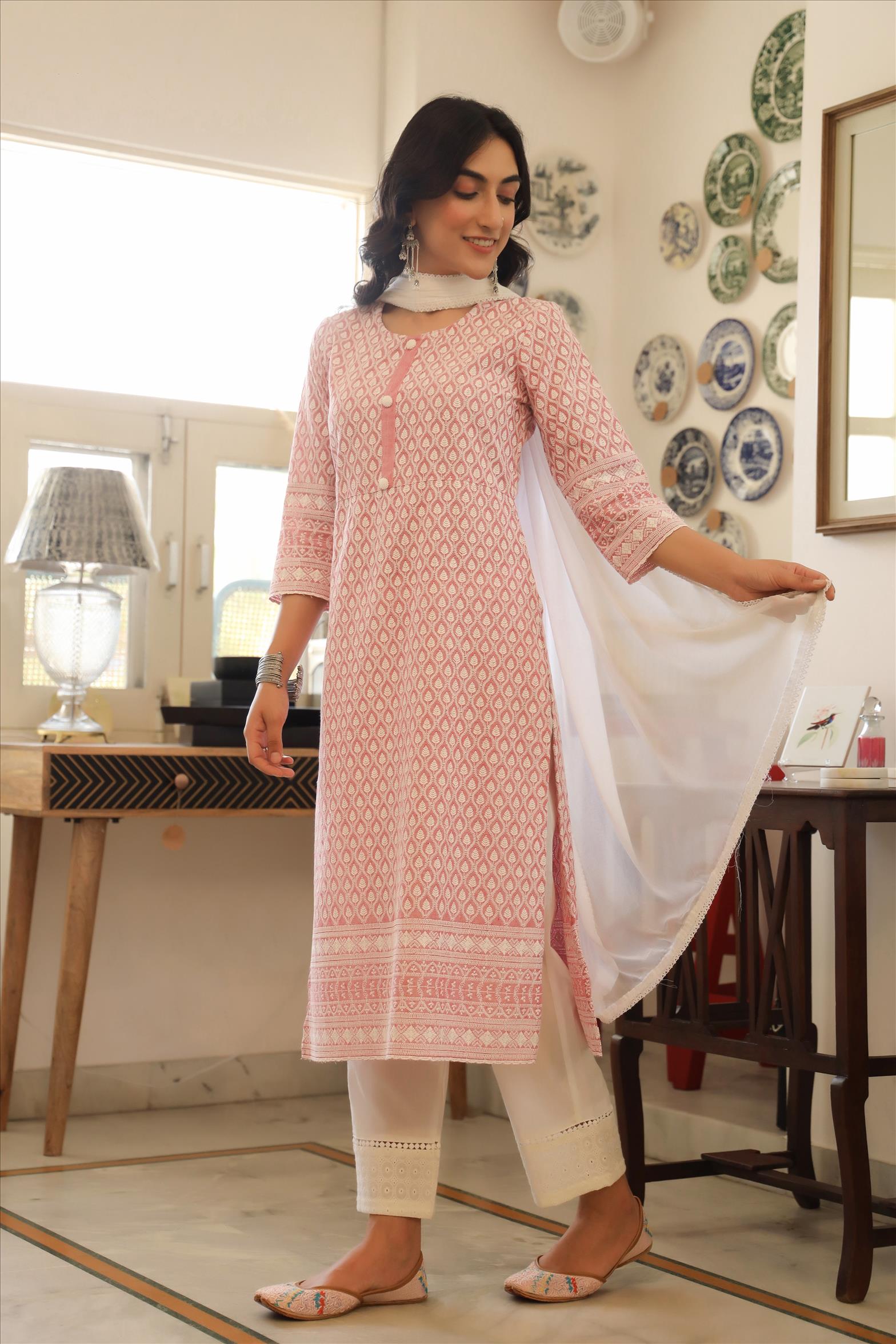Cotton Cotton Flex Chikankari Kurta Palazzo Dupatta Suit Set