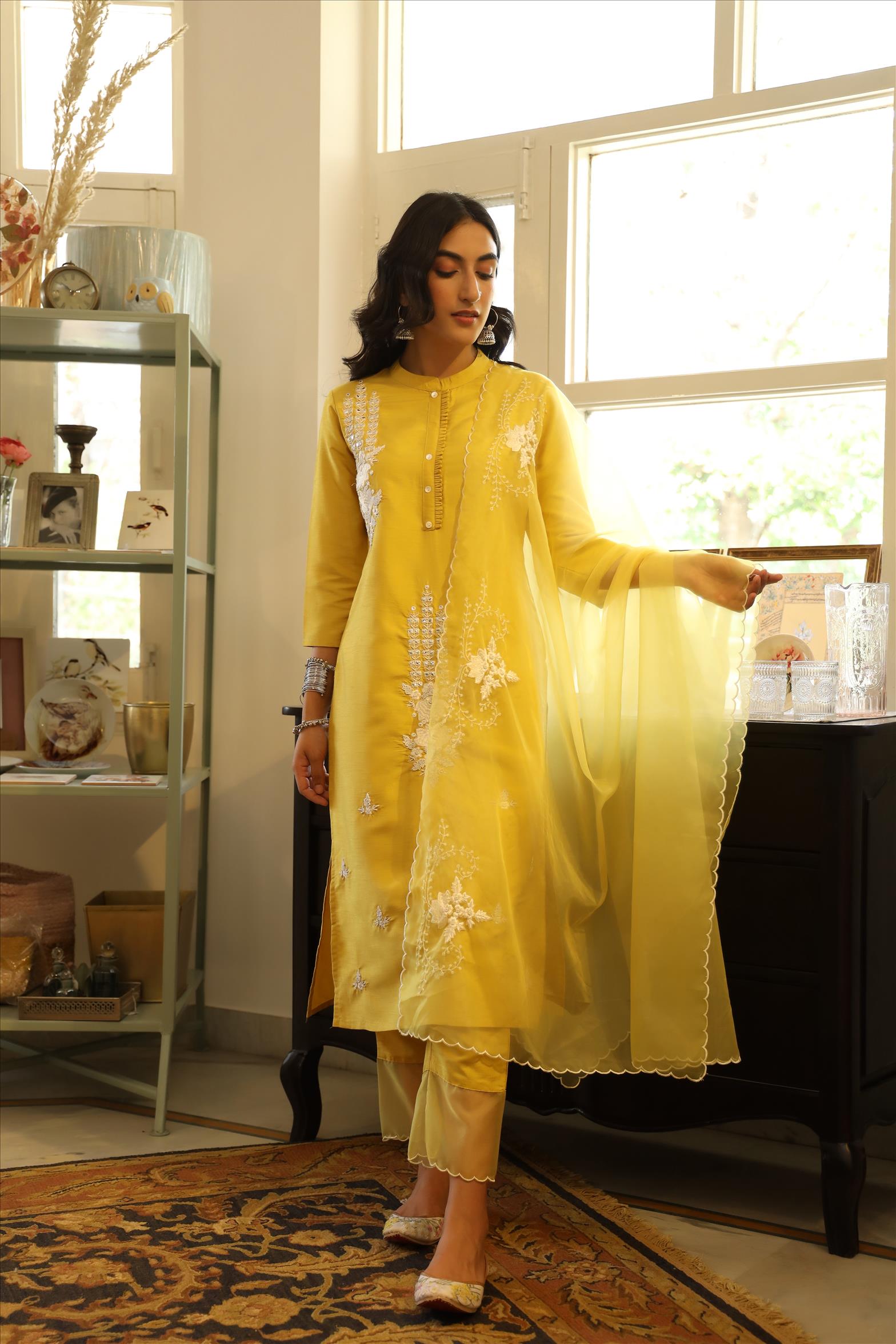 Buy Yellow Dola Silk Embroidered Kurta Pant Dupatta Suit Set (3 Pc) by  SCAKHI at Ogaan Market Online Shopping Site