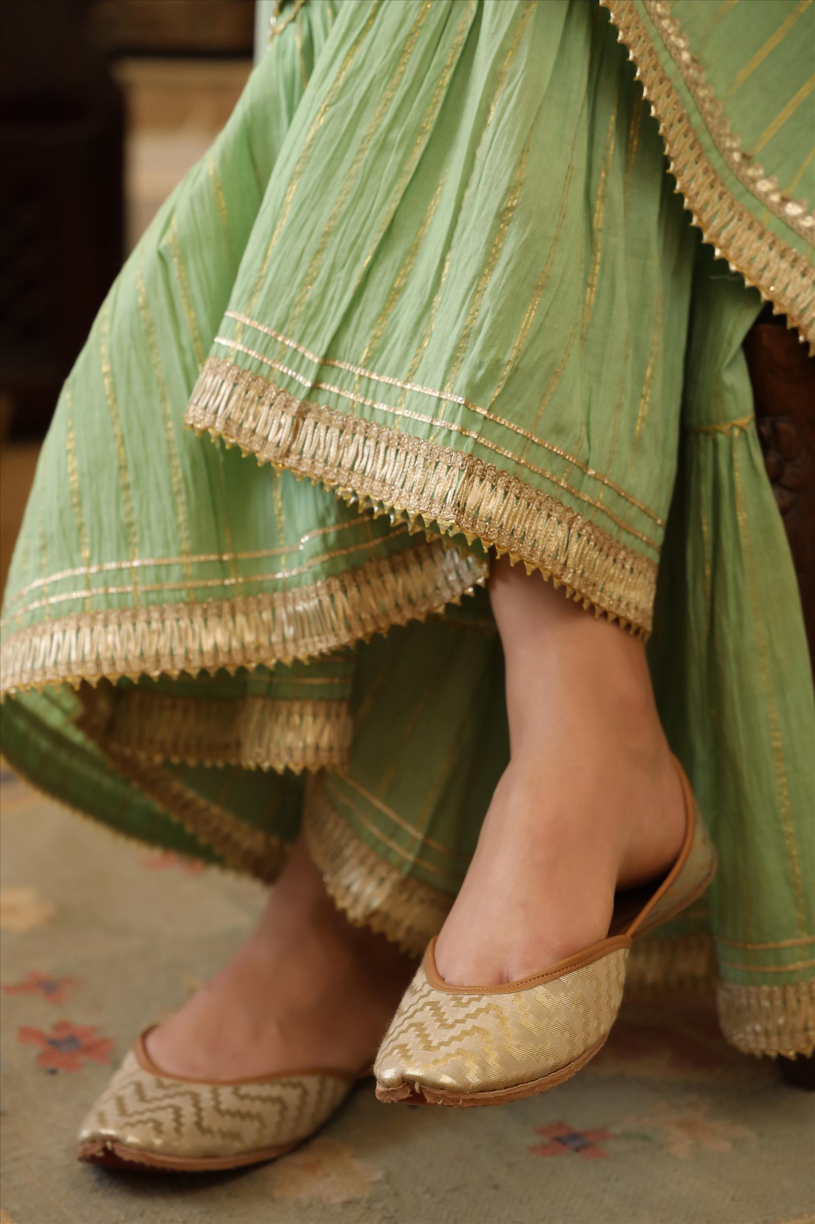Pistagreen Cotton Lurex Gota Patti Koti Peplum Sharara Dupatta Set