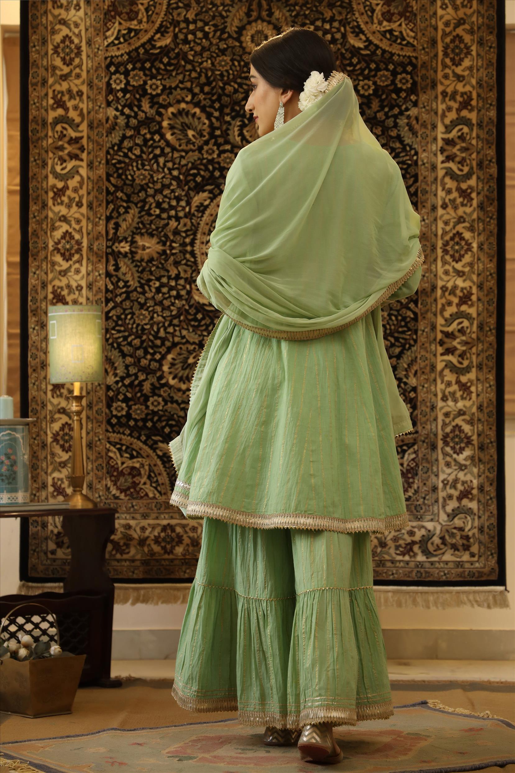 Pistagreen Cotton Lurex Gota Patti Koti Peplum Sharara Dupatta Set