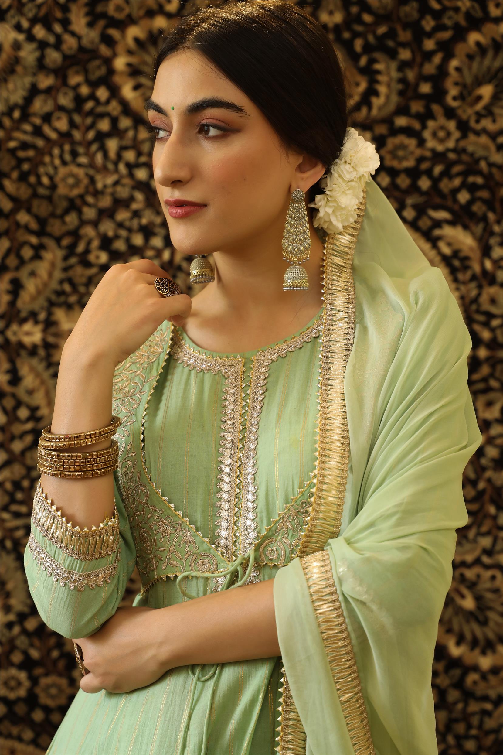 Pistagreen Cotton Lurex Gota Patti Koti Peplum Sharara Dupatta Set