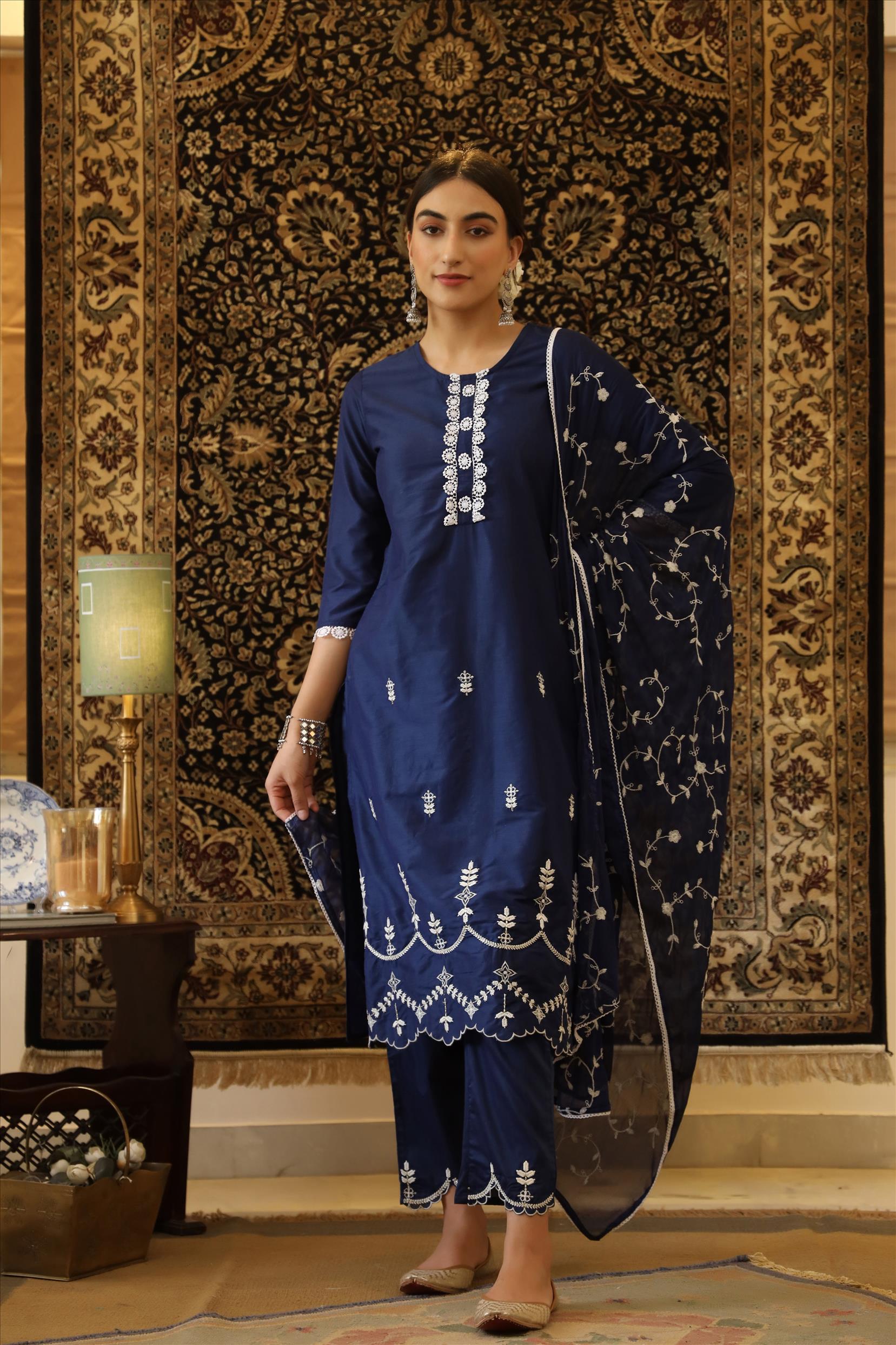Indigo Cotton Jam Silk Embroidered Kurta Pant Dupatta Suit Set