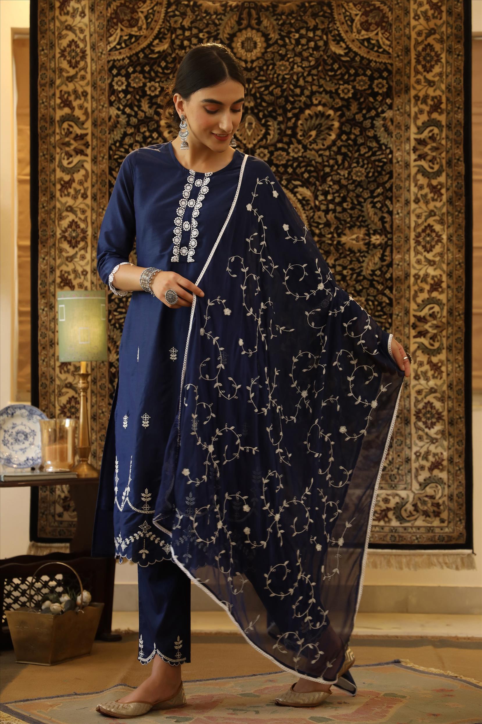 Indigo Cotton Jam Silk Embroidered Kurta Pant Dupatta Suit Set