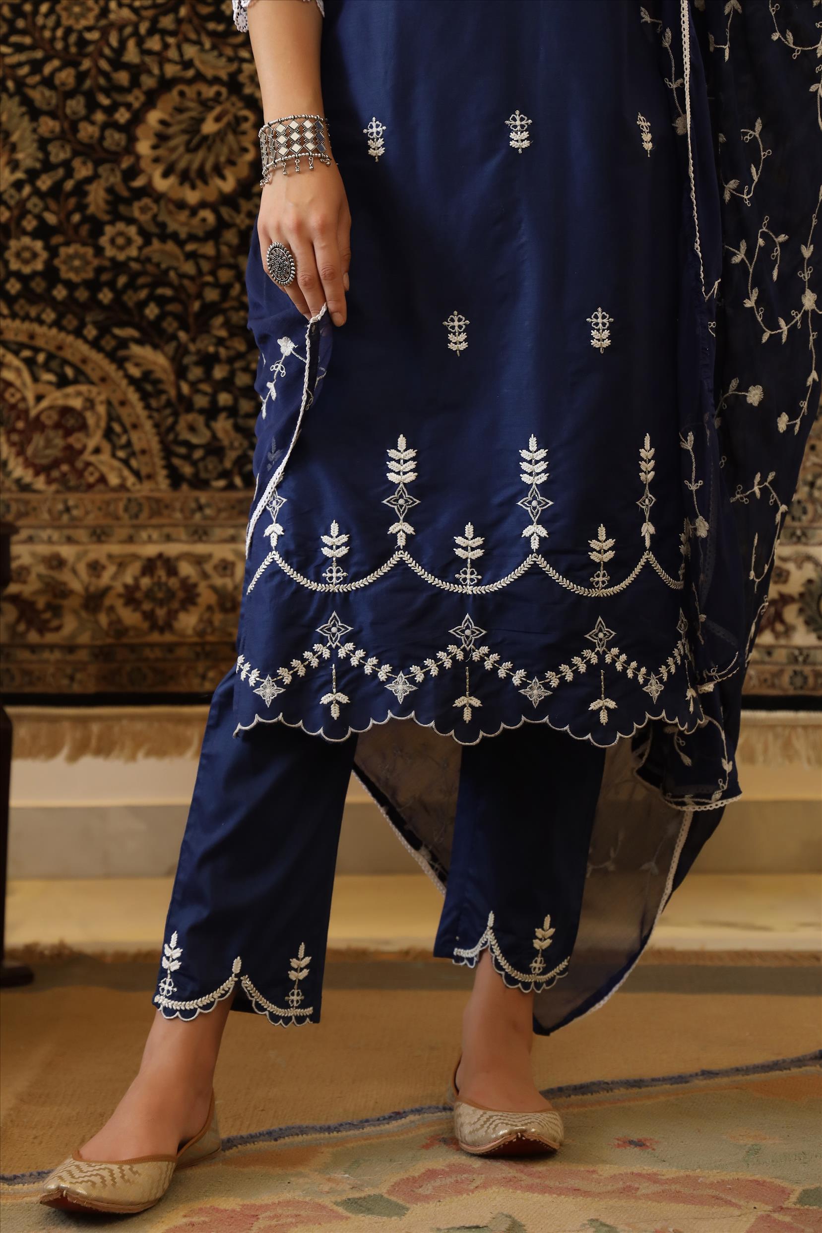 Indigo Cotton Jam Silk Embroidered Kurta Pant Dupatta Suit Set