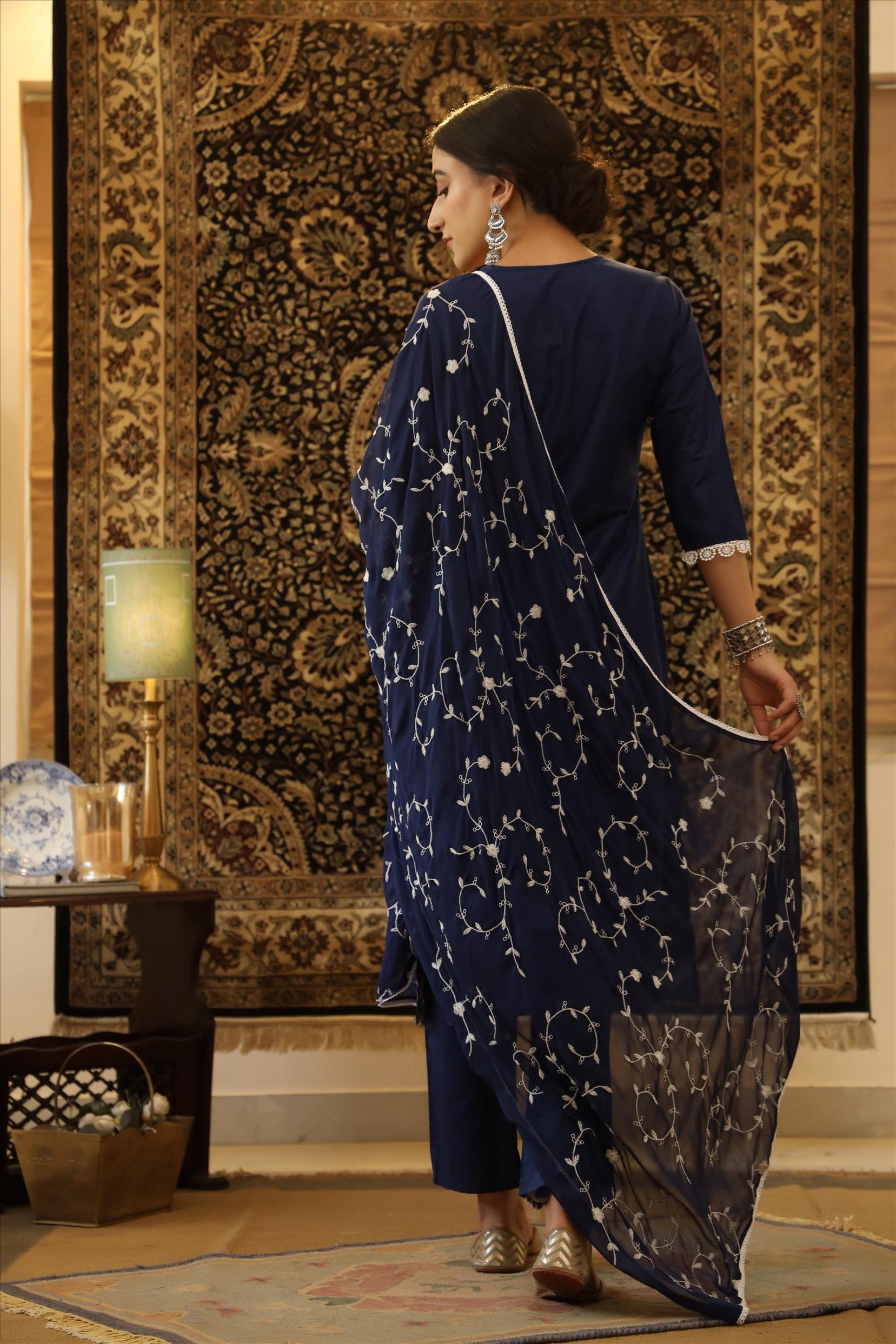 Indigo Cotton Jam Silk Embroidered Kurta Pant Dupatta Suit Set