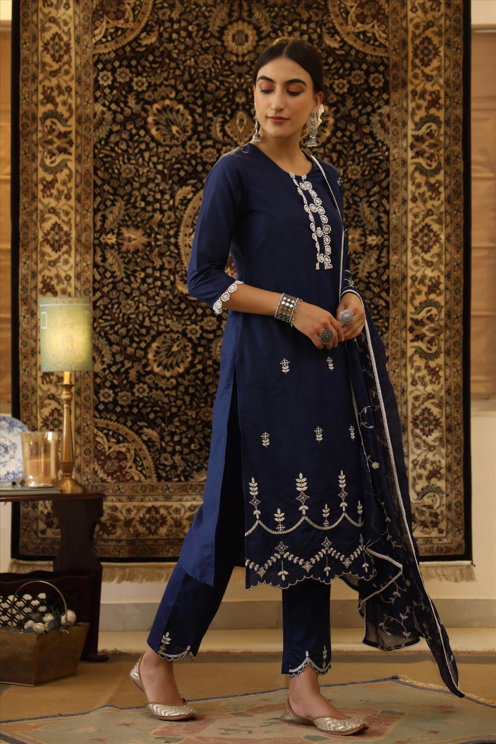 Indigo Cotton Jam Silk Embroidered Kurta Pant Dupatta Suit Set