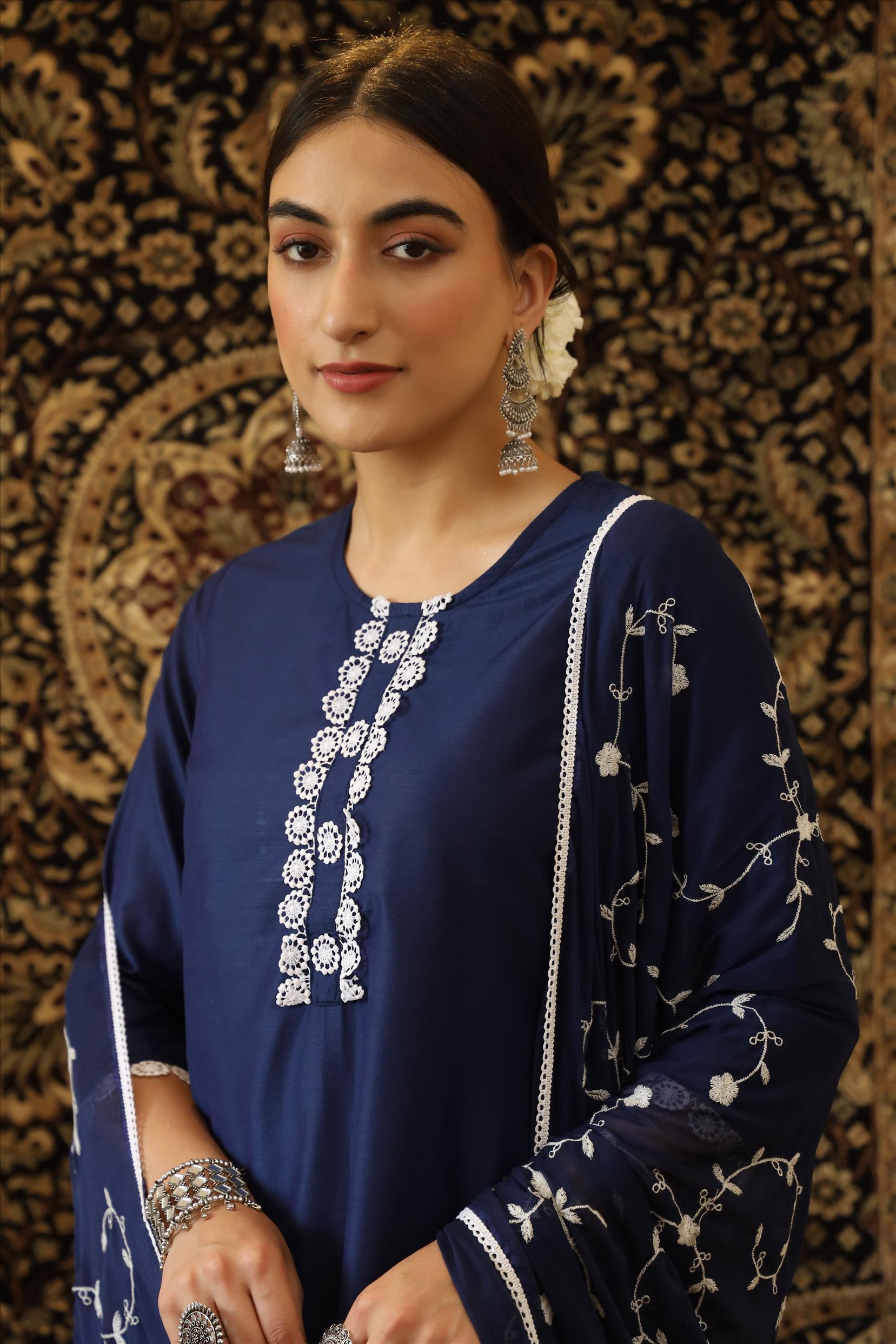 Indigo Cotton Jam Silk Embroidered Kurta Pant Dupatta Suit Set