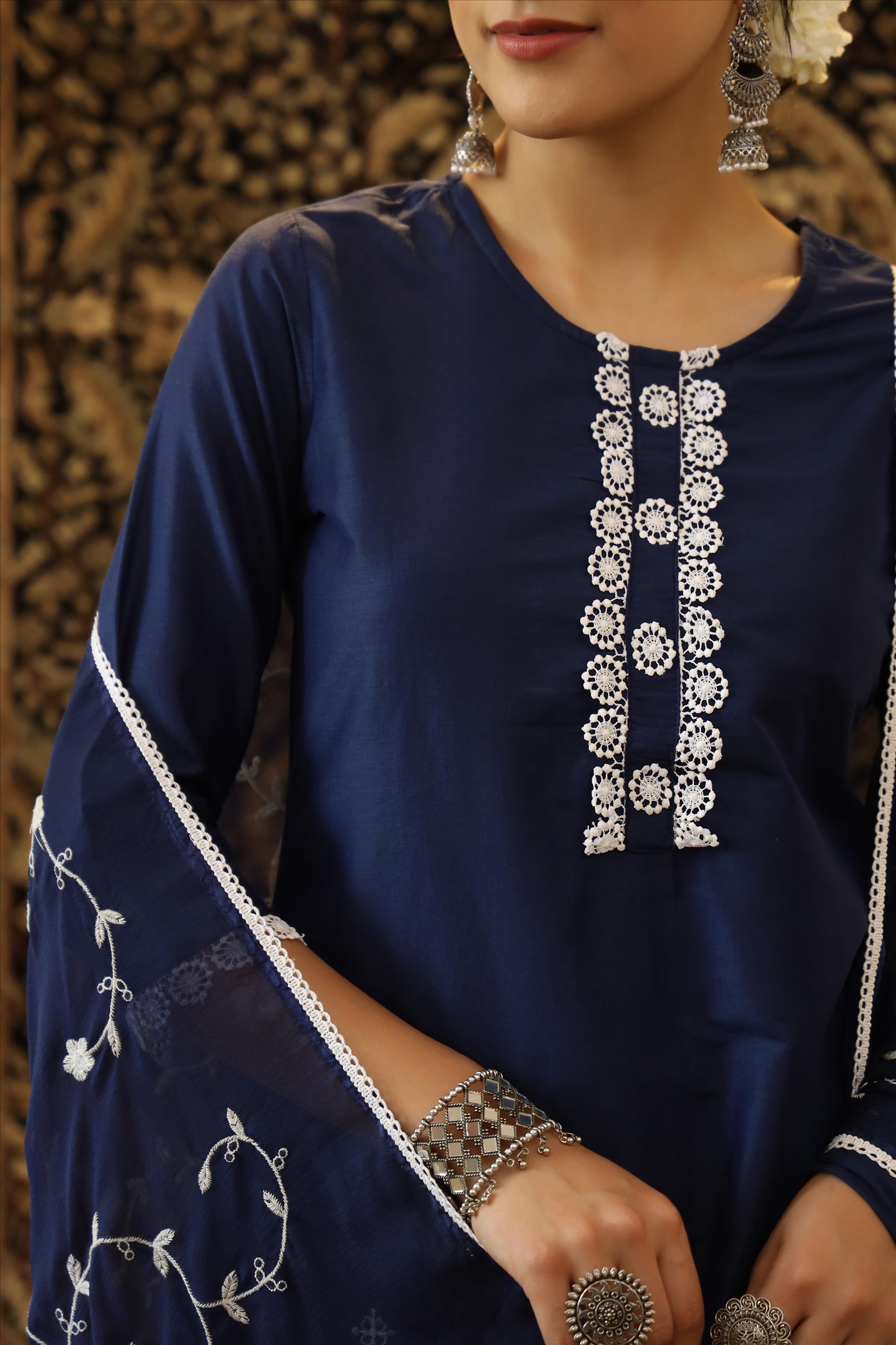 Indigo Cotton Jam Silk Embroidered Kurta Pant Dupatta Suit Set