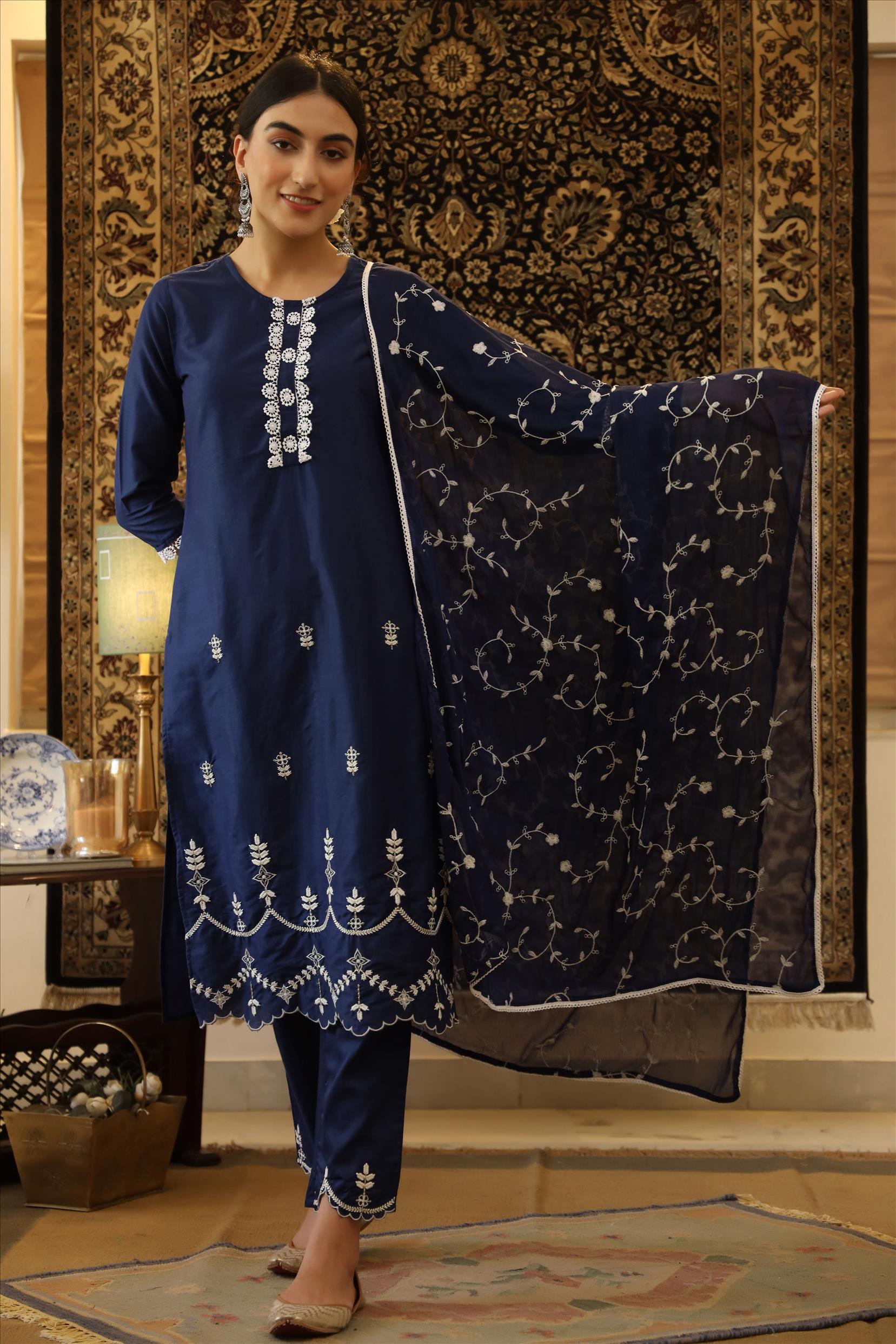 Indigo Cotton Jam Silk Embroidered Kurta Pant Dupatta Suit Set
