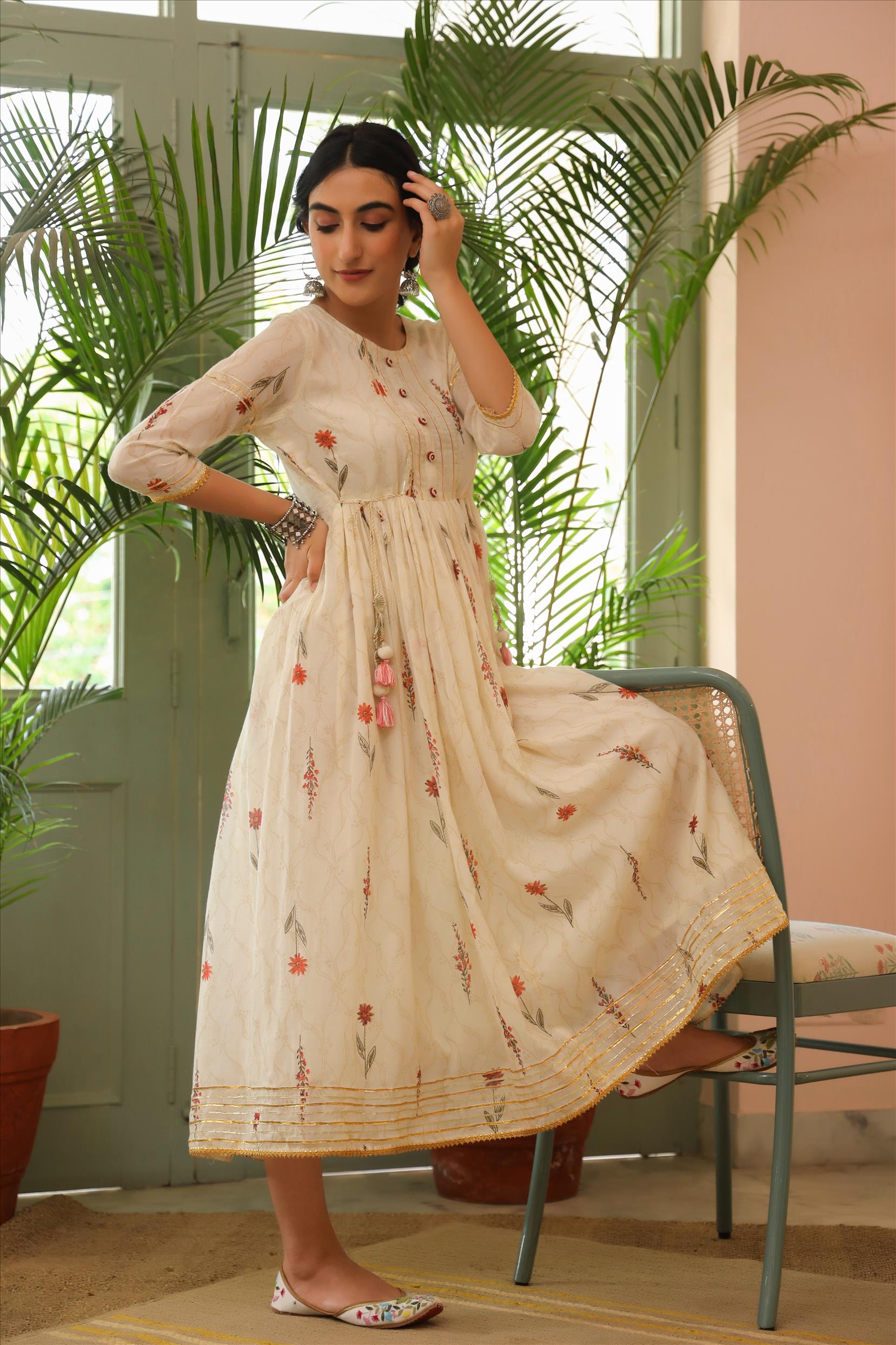 Off White Mul Cotton Printed Gota Anarkali Dress With Dori Tie Up