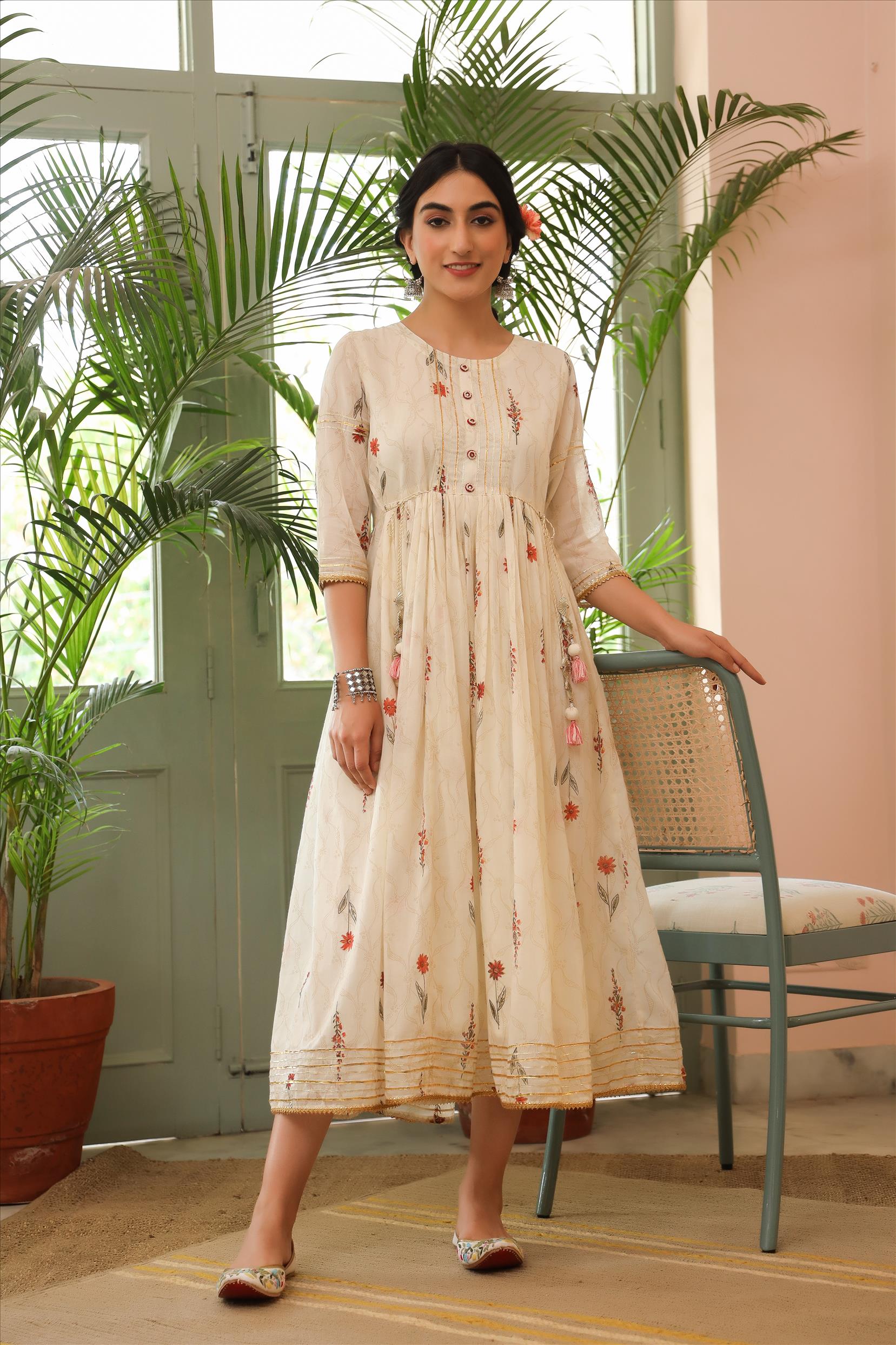 Off White Mul Cotton Printed Gota Anarkali Dress With Dori Tie Up