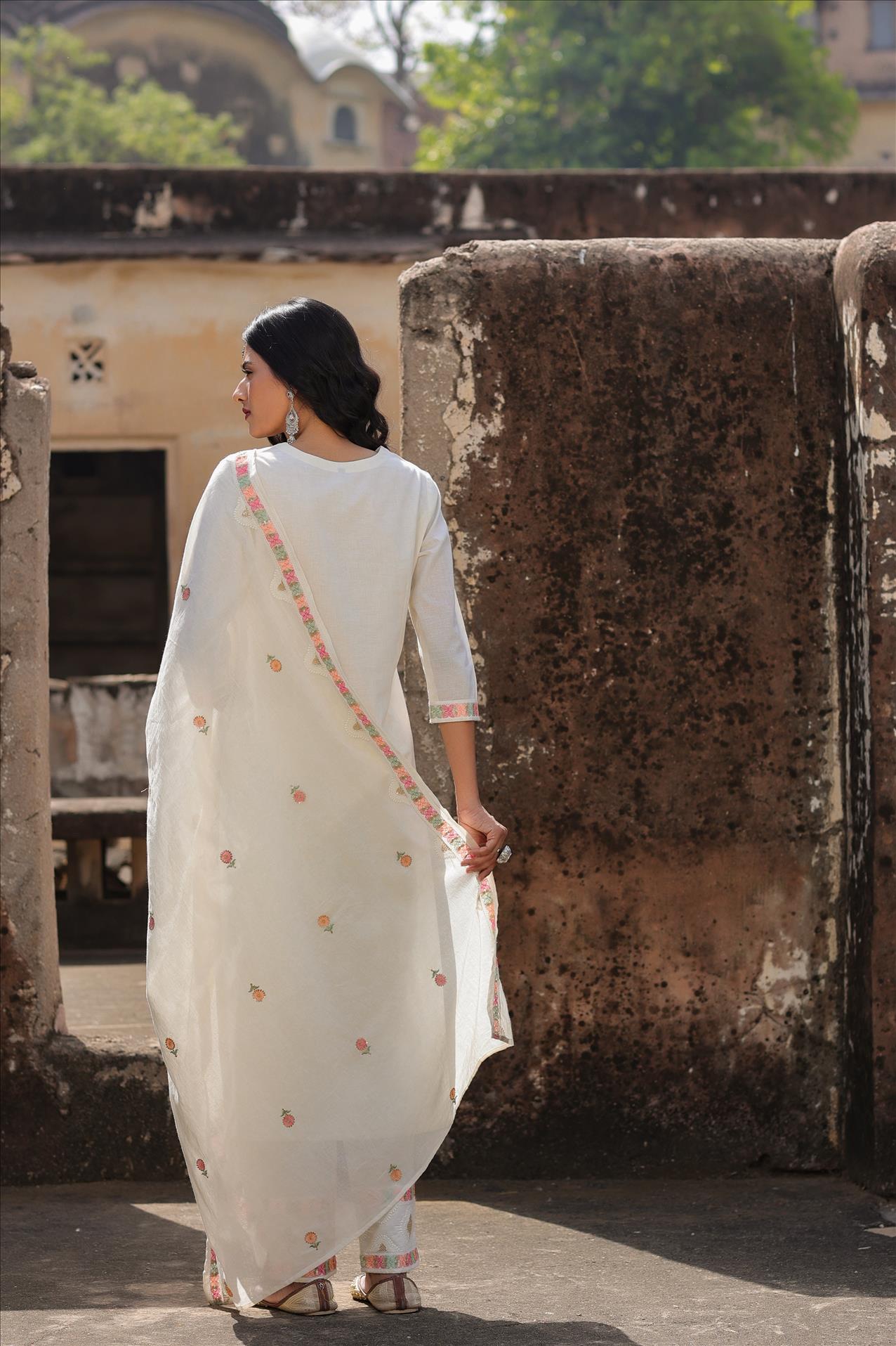 Off White Cotton Floral Phulkari Embroidered Kurta Pant Dupatta Suit Set