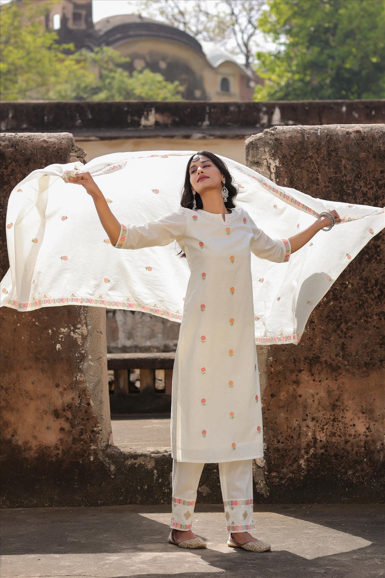 Off White Cotton Floral Phulkari Embroidered Kurta Pant Dupatta Suit Set