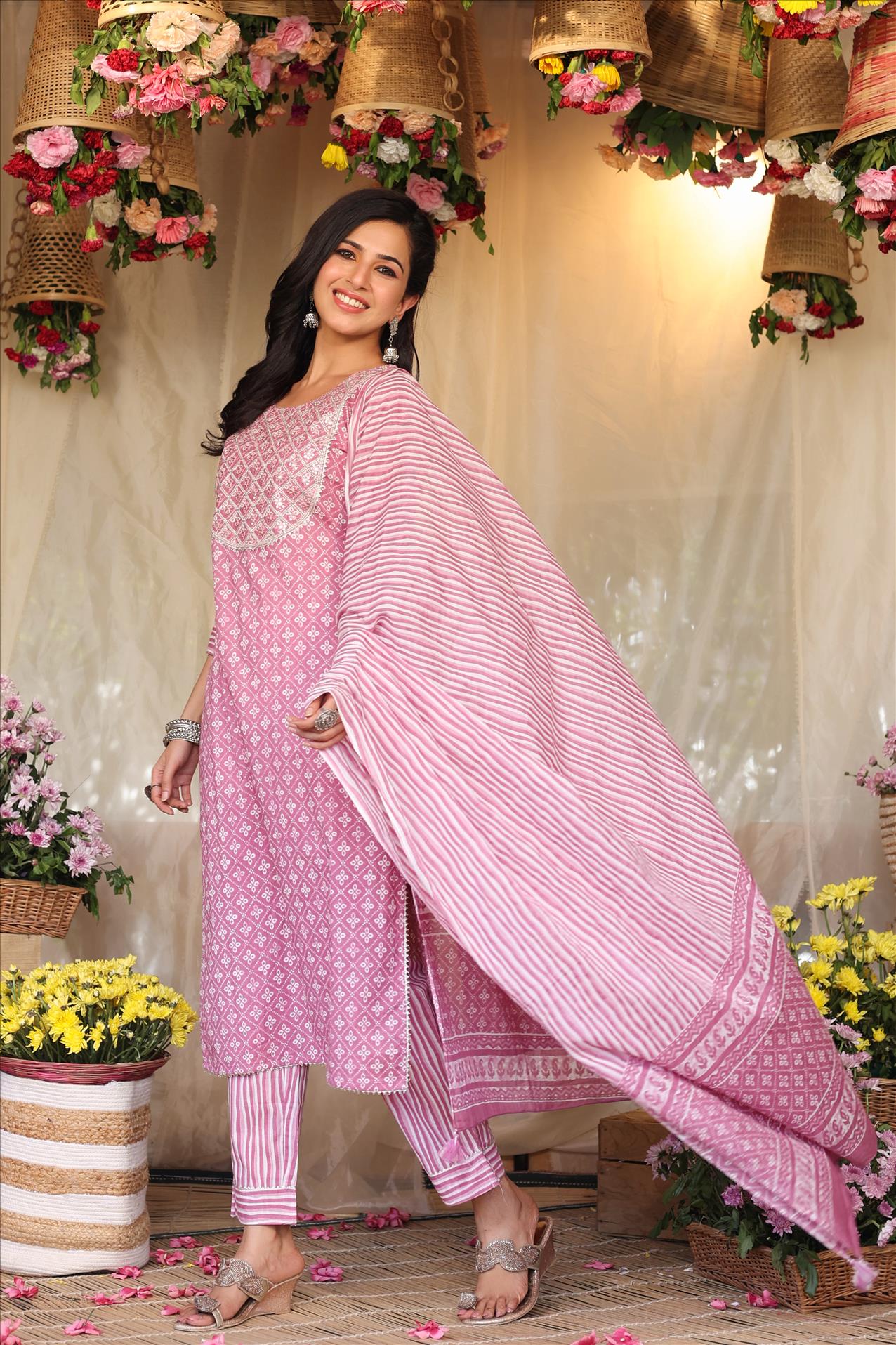 Dustypink Cotton Bandhani Print Yoke Embroidered Kurta Pant Dupatta Suit Set