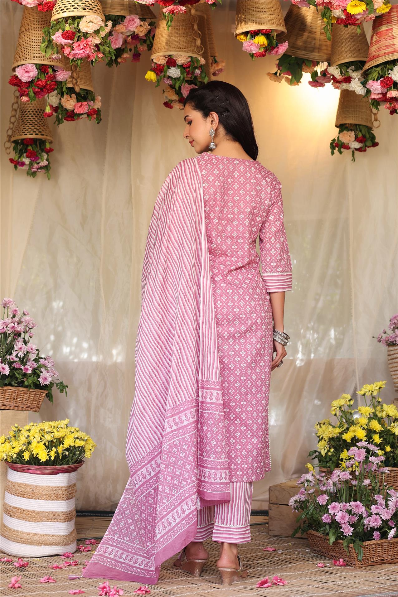 Dustypink Cotton Bandhani Print Yoke Embroidered Kurta Pant Dupatta Suit Set