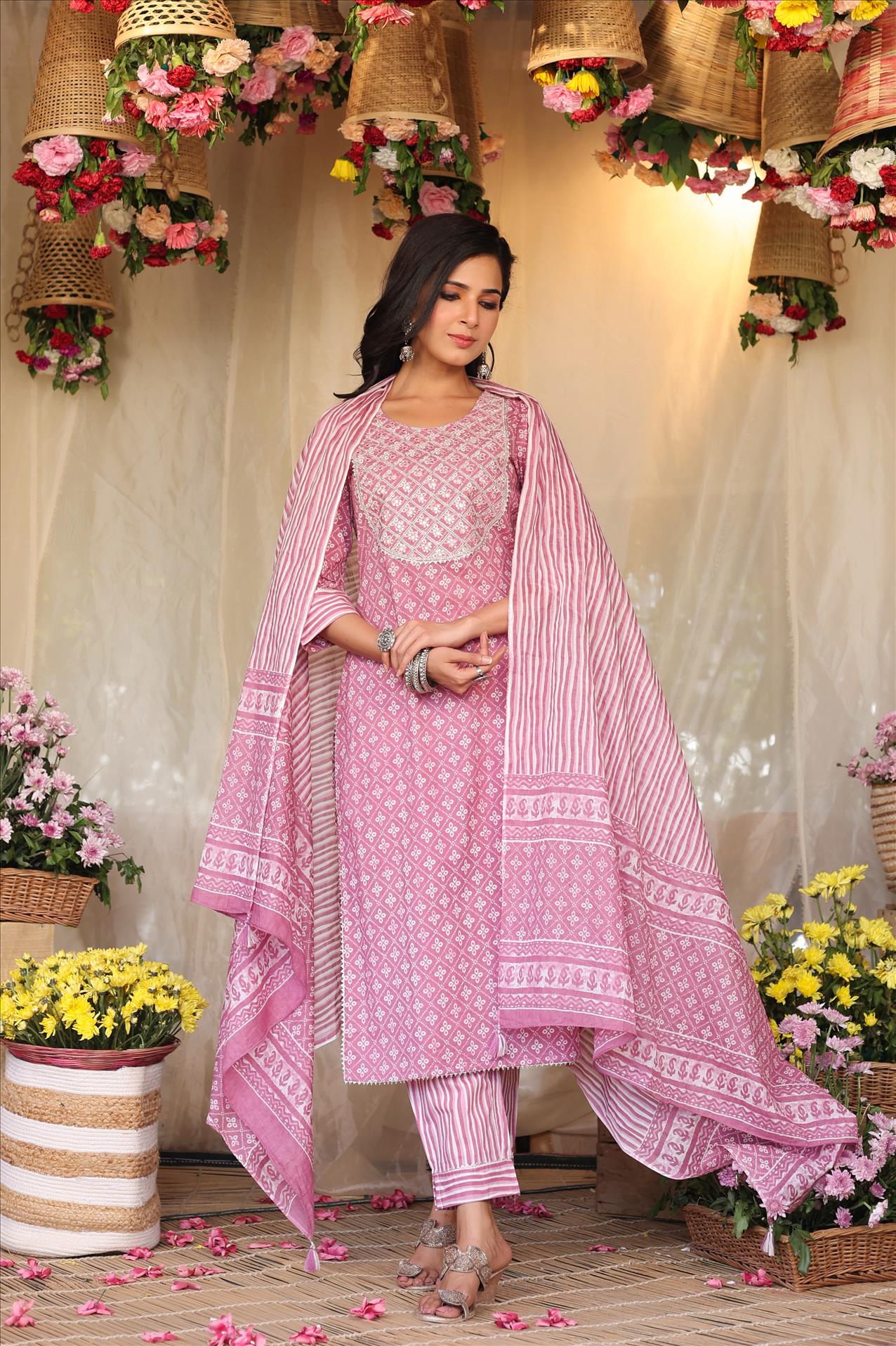 Dustypink Cotton Bandhani Print Yoke Embroidered Kurta Pant Dupatta Suit Set