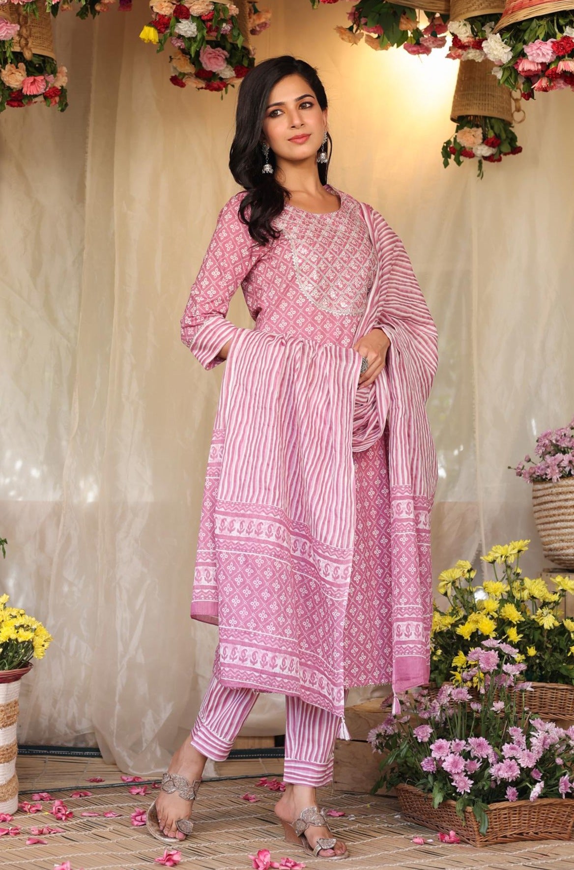 Dustypink Cotton Bandhani Print Yoke Embroidered Kurta Pant Dupatta Suit Set
