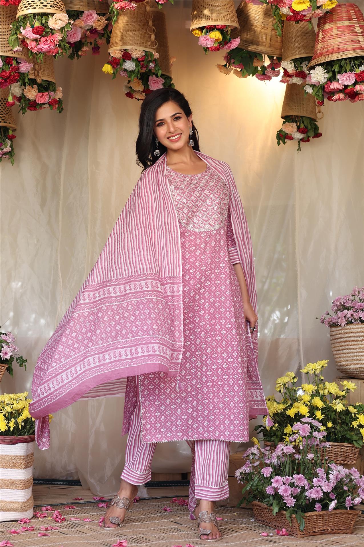Dustypink Cotton Bandhani Print Yoke Embroidered Kurta Pant Dupatta Suit Set