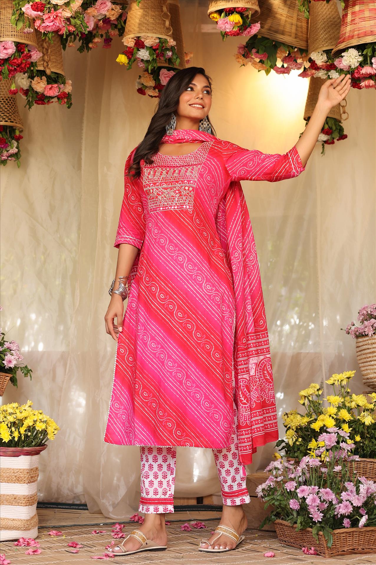 Pink Cotton Bandhani Print Yoke Embroidered Kurta Pant Dupatta Suit Set (3 Pc)