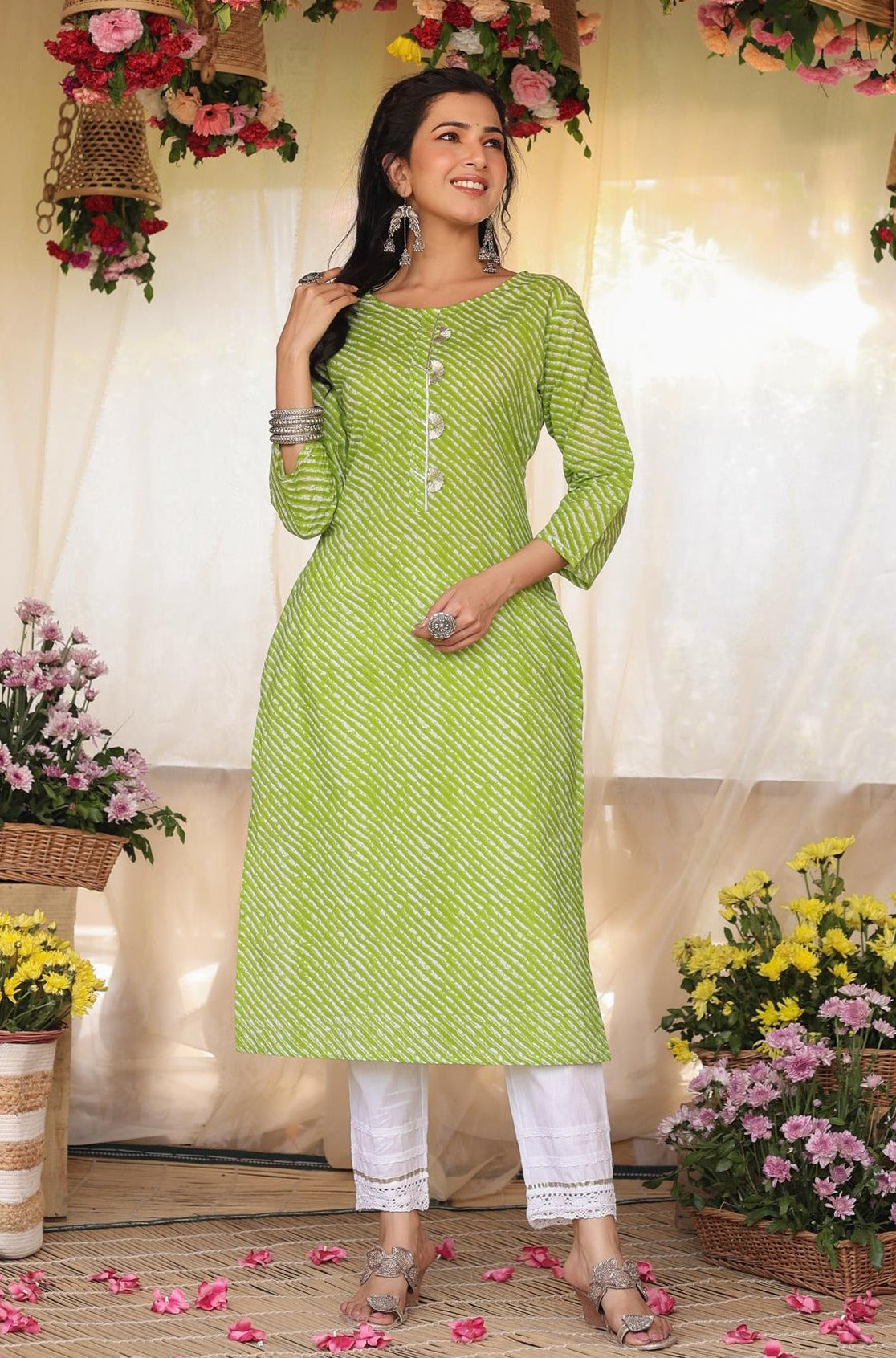 Green Cotton Leheriya Gota Work Kurta