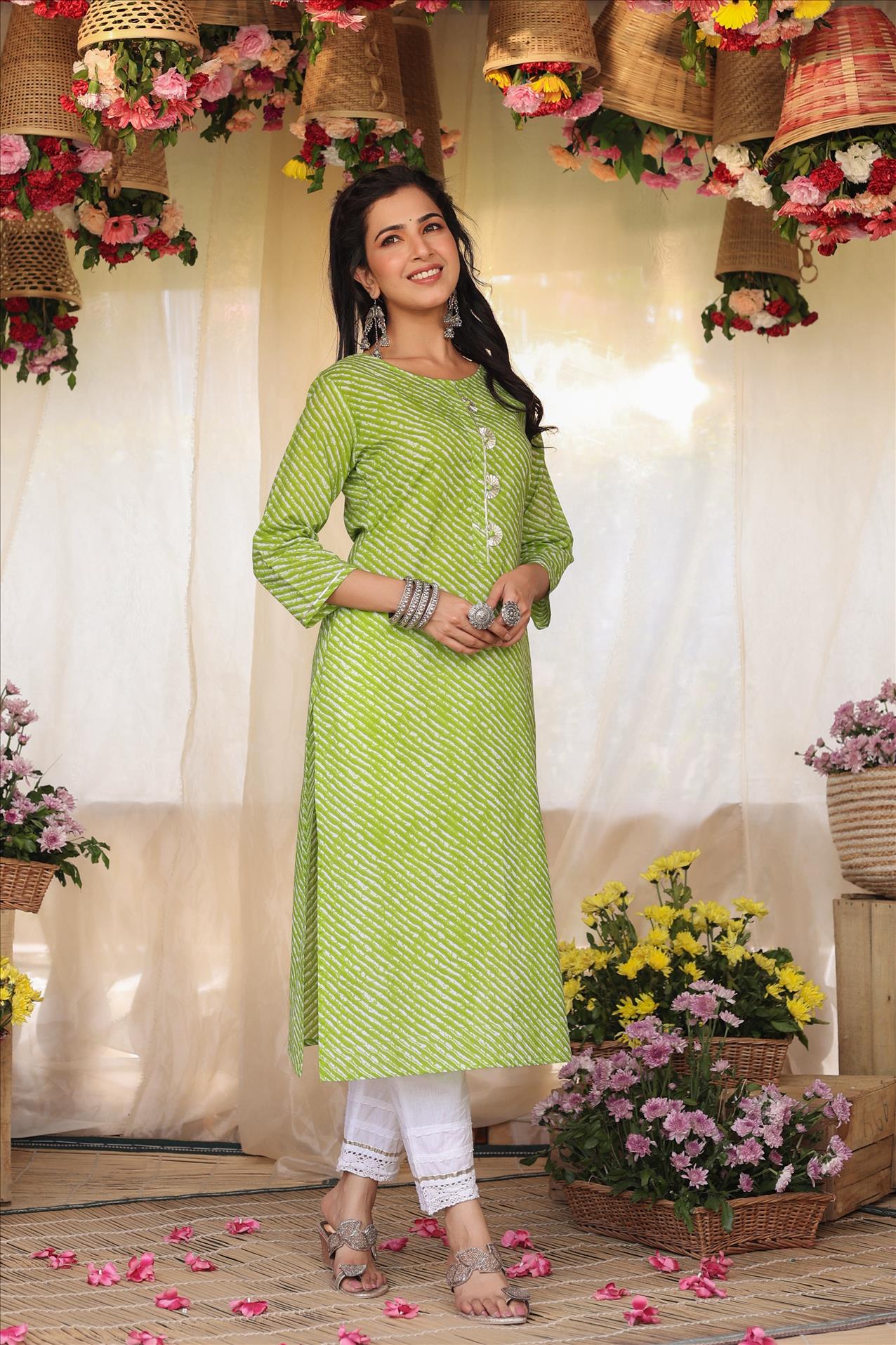 Green Cotton Leheriya Gota Work Kurta