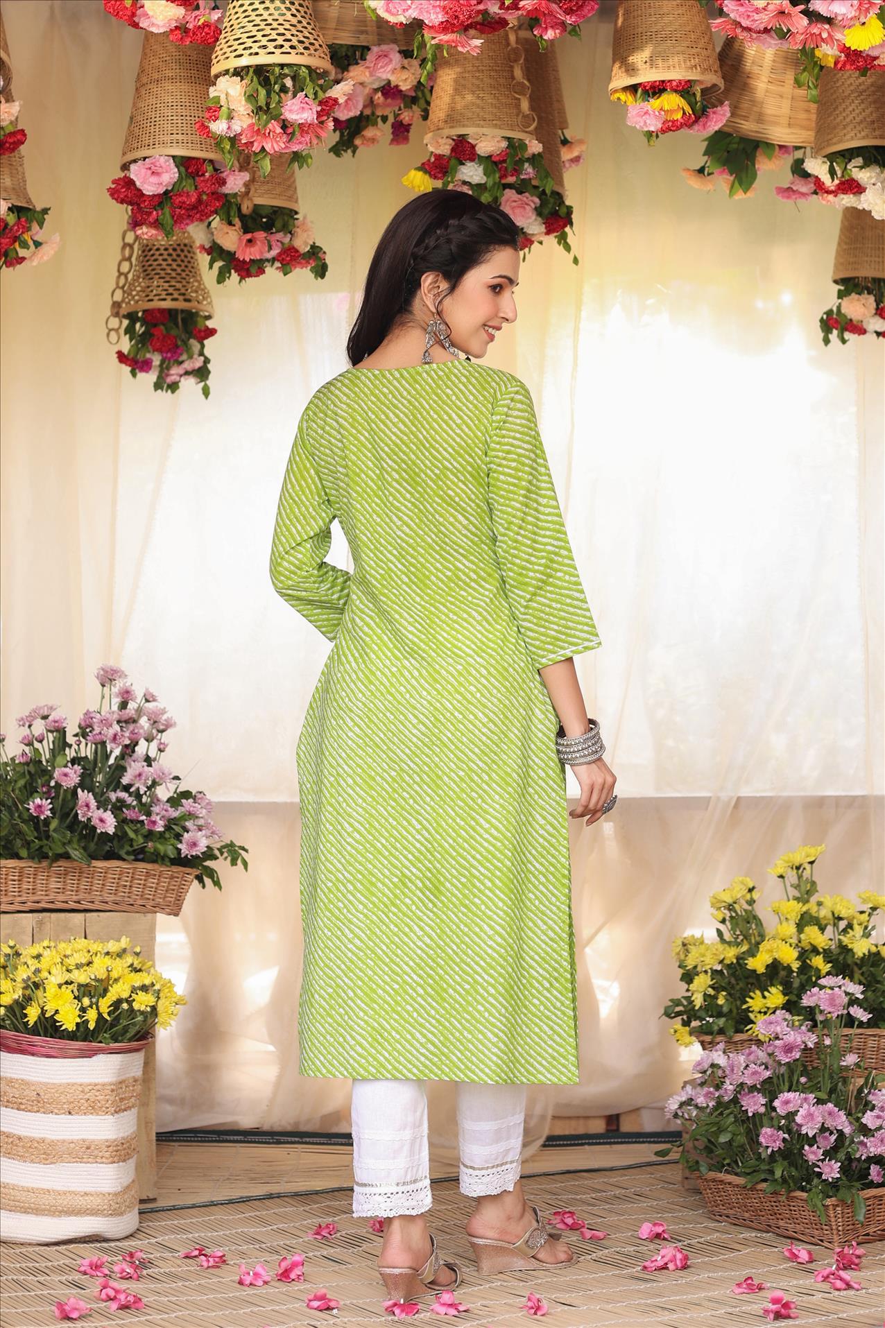 Green Cotton Leheriya Gota Work Kurta