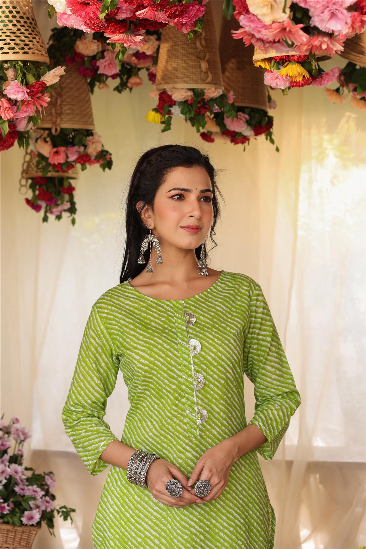 Green Cotton Leheriya Gota Work Kurta