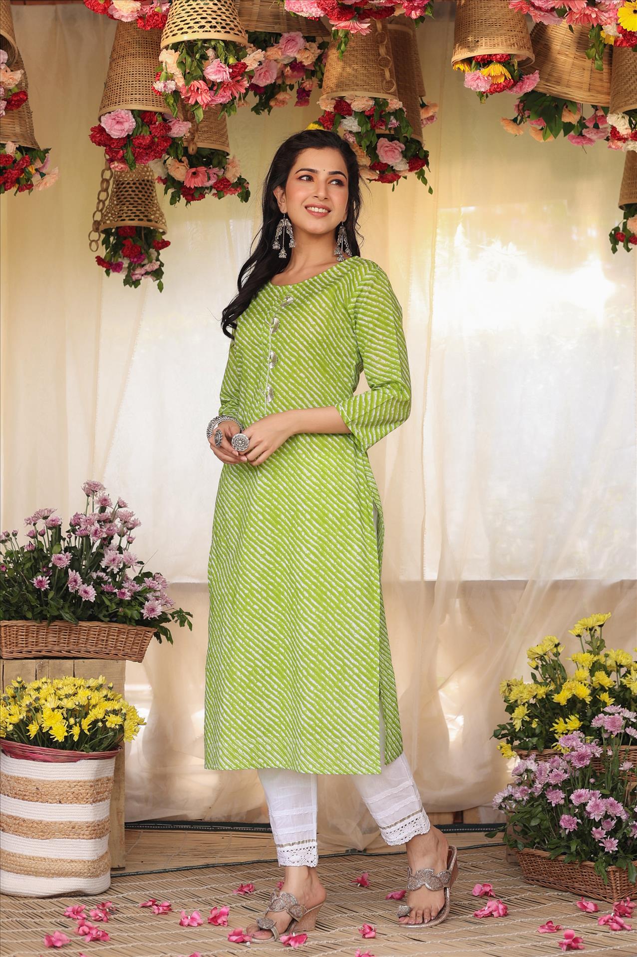 Green Cotton Leheriya Gota Work Kurta