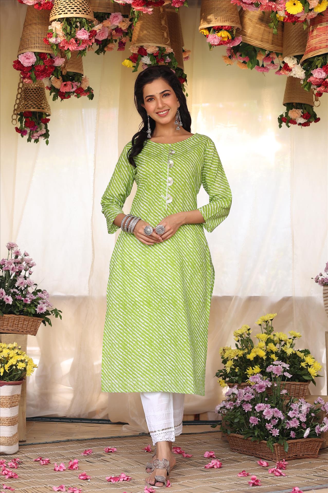 Green Cotton Leheriya Gota Work Kurta