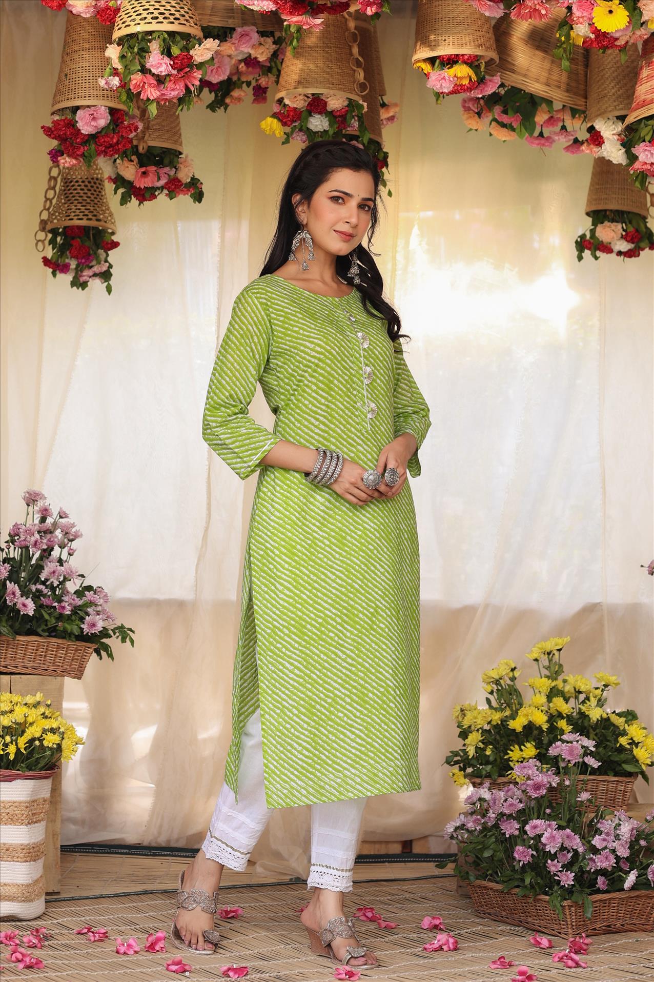 Green Cotton Leheriya Gota Work Kurta