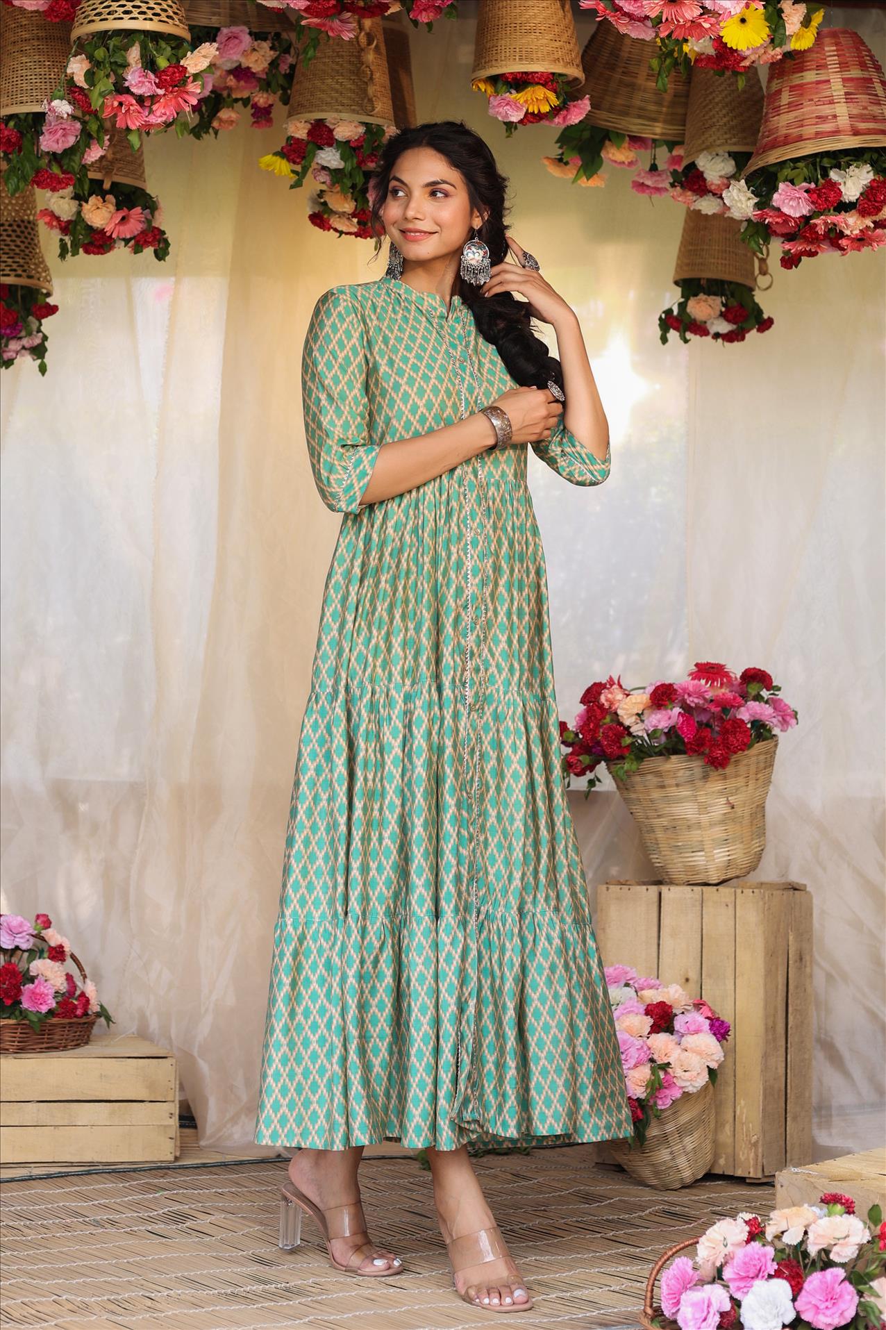 Teal Modal Chevron Print Gota Tiered Flare Kurta Dress