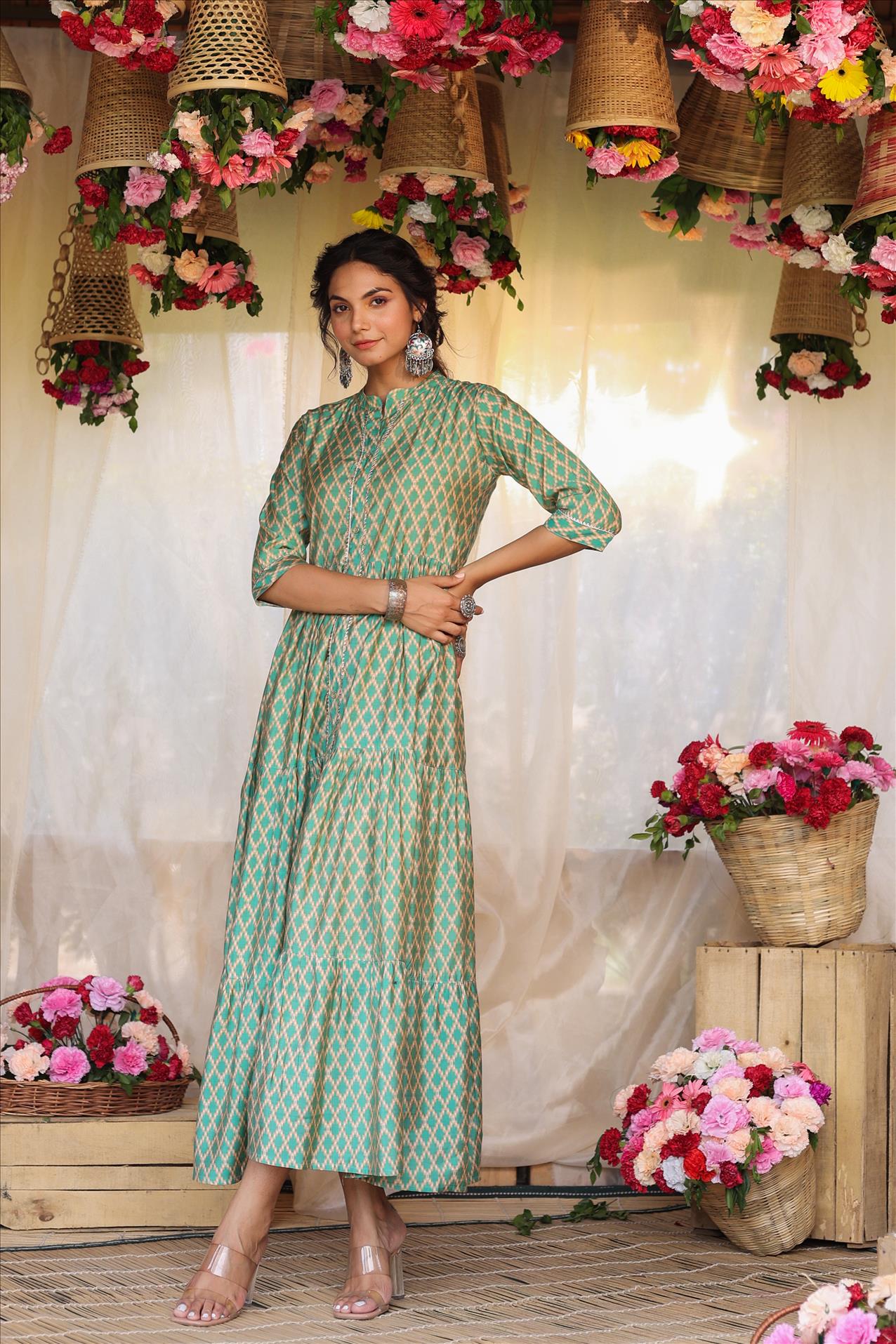 Teal Modal Chevron Print Gota Tiered Flare Kurta Dress