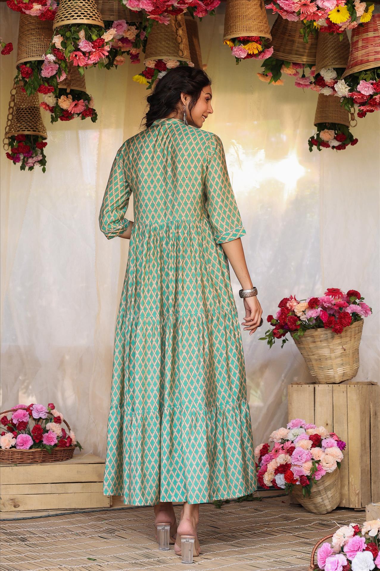 Teal Modal Chevron Print Gota Tiered Flare Kurta Dress