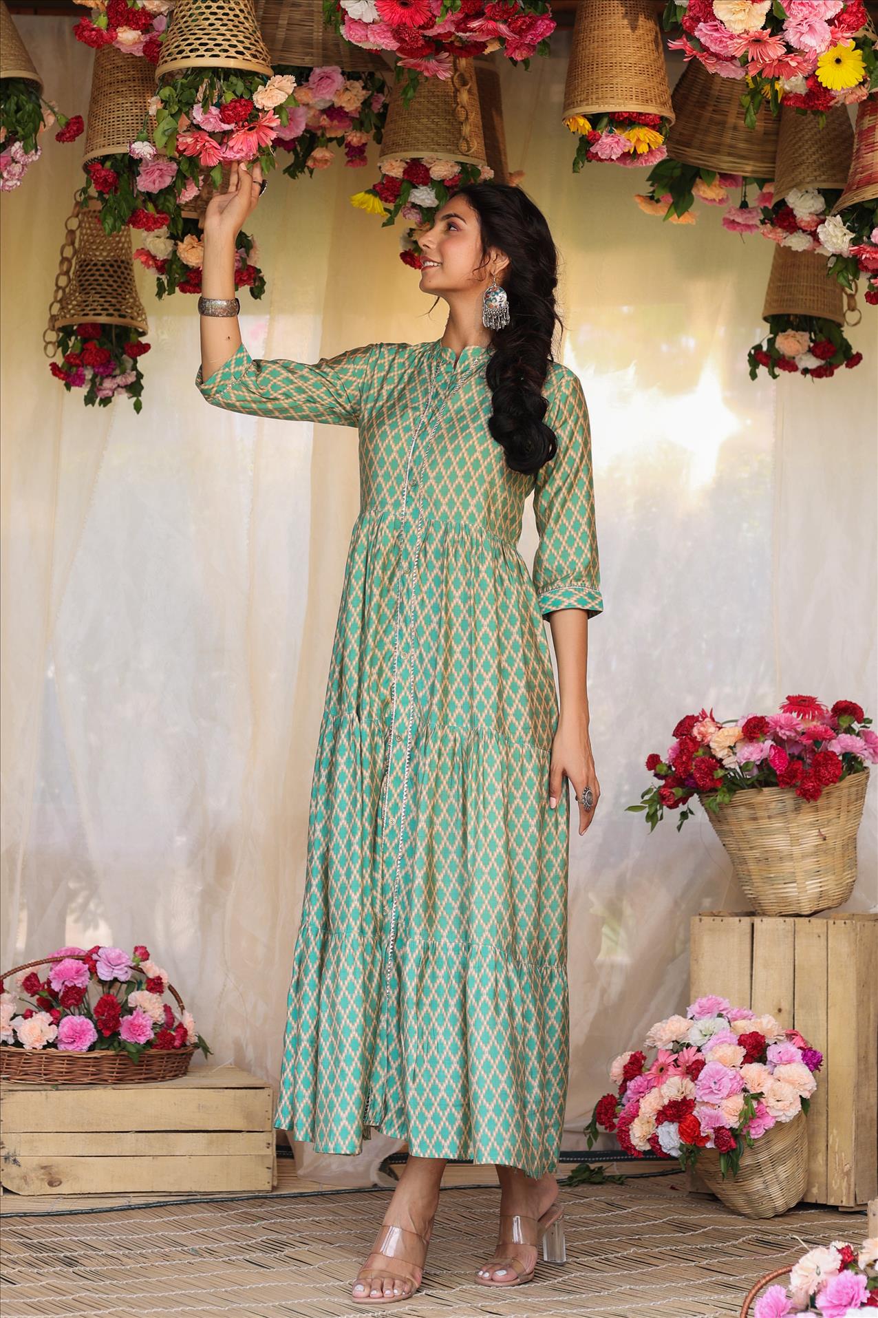 Teal Modal Chevron Print Gota Tiered Flare Kurta Dress