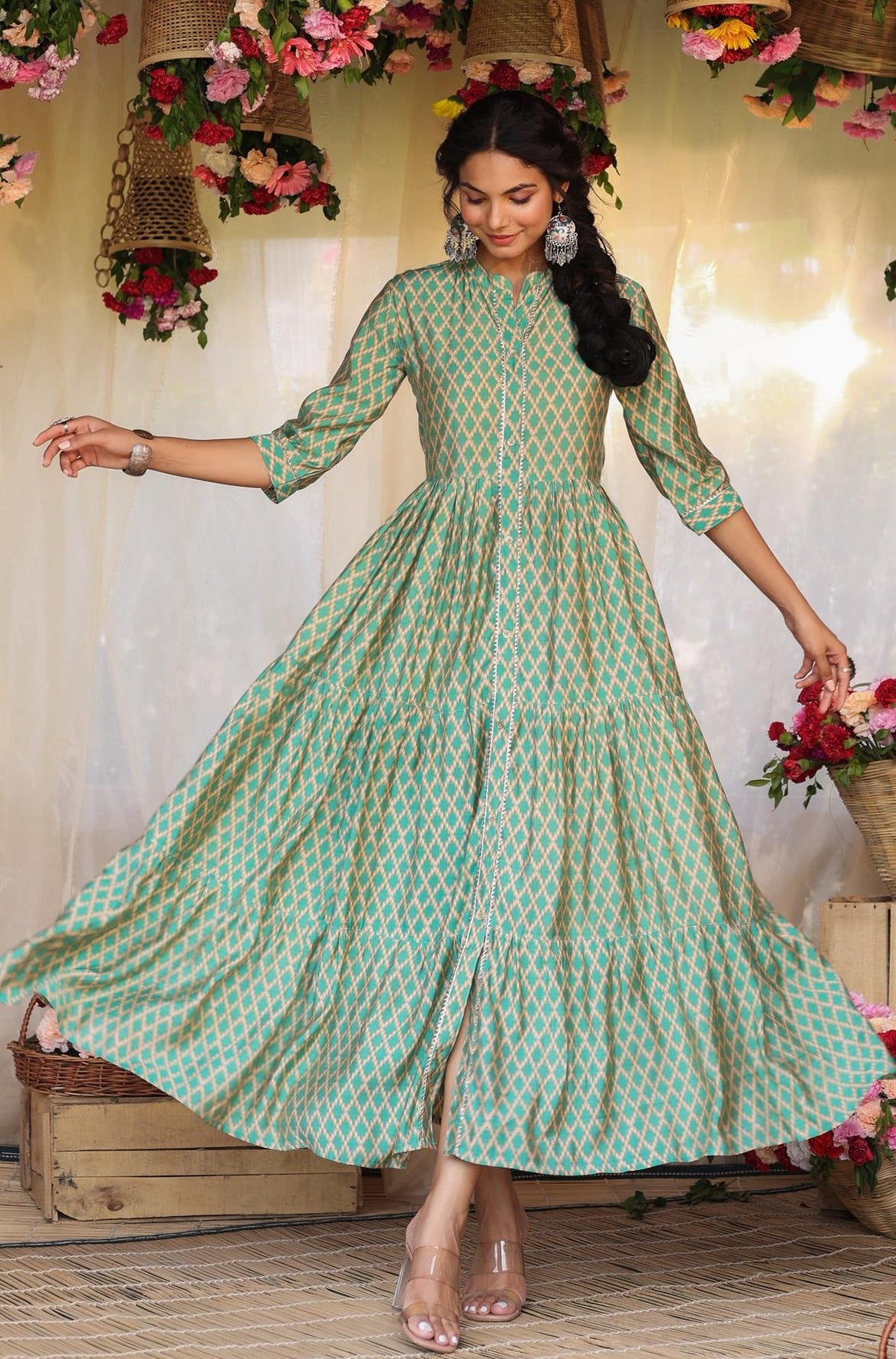 Teal Modal Chevron Print Gota Tiered Flare Kurta Dress