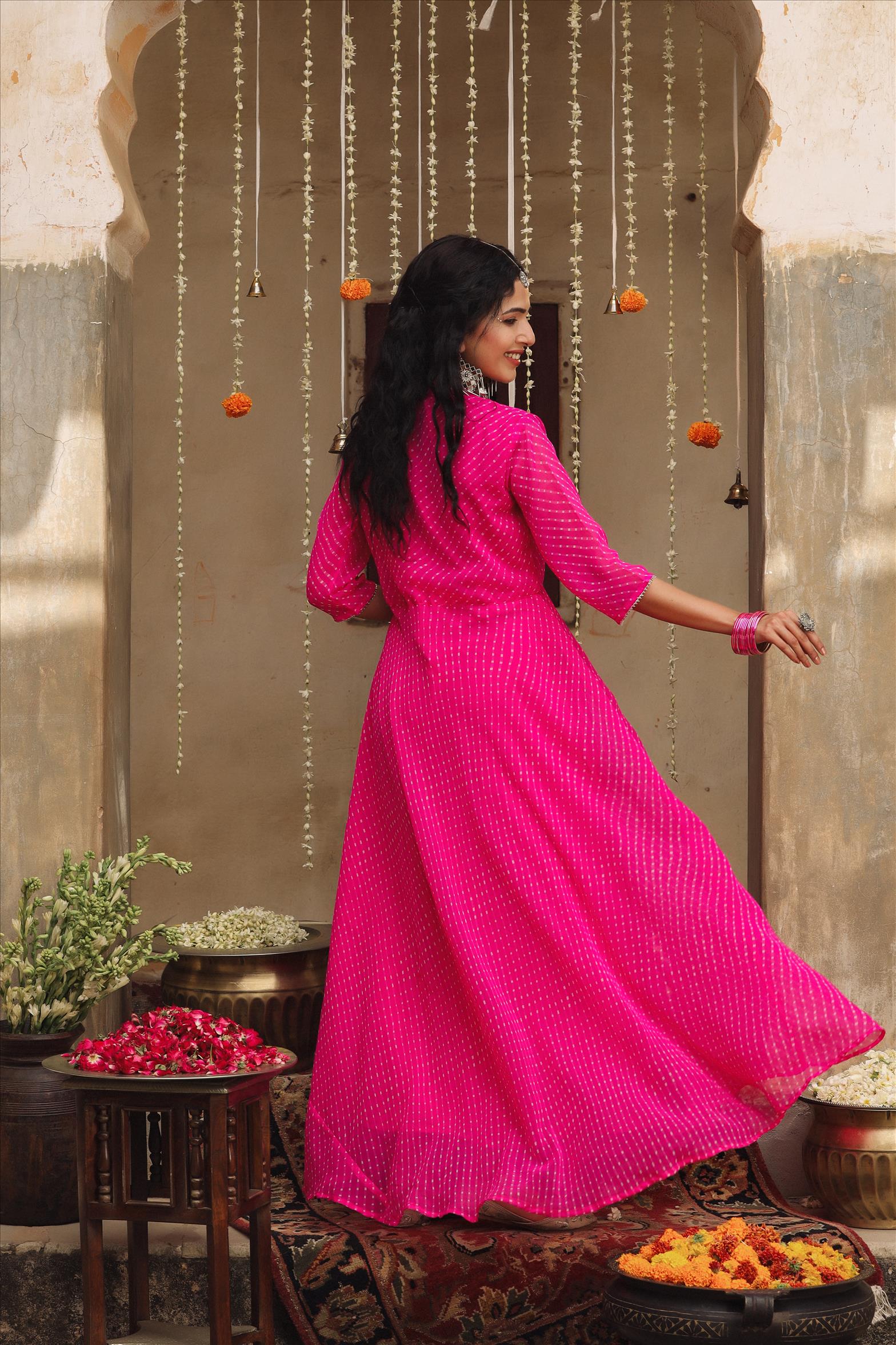 Pink Georgette Leheriya Gota Asymmetric Pleated Anarkali Dress