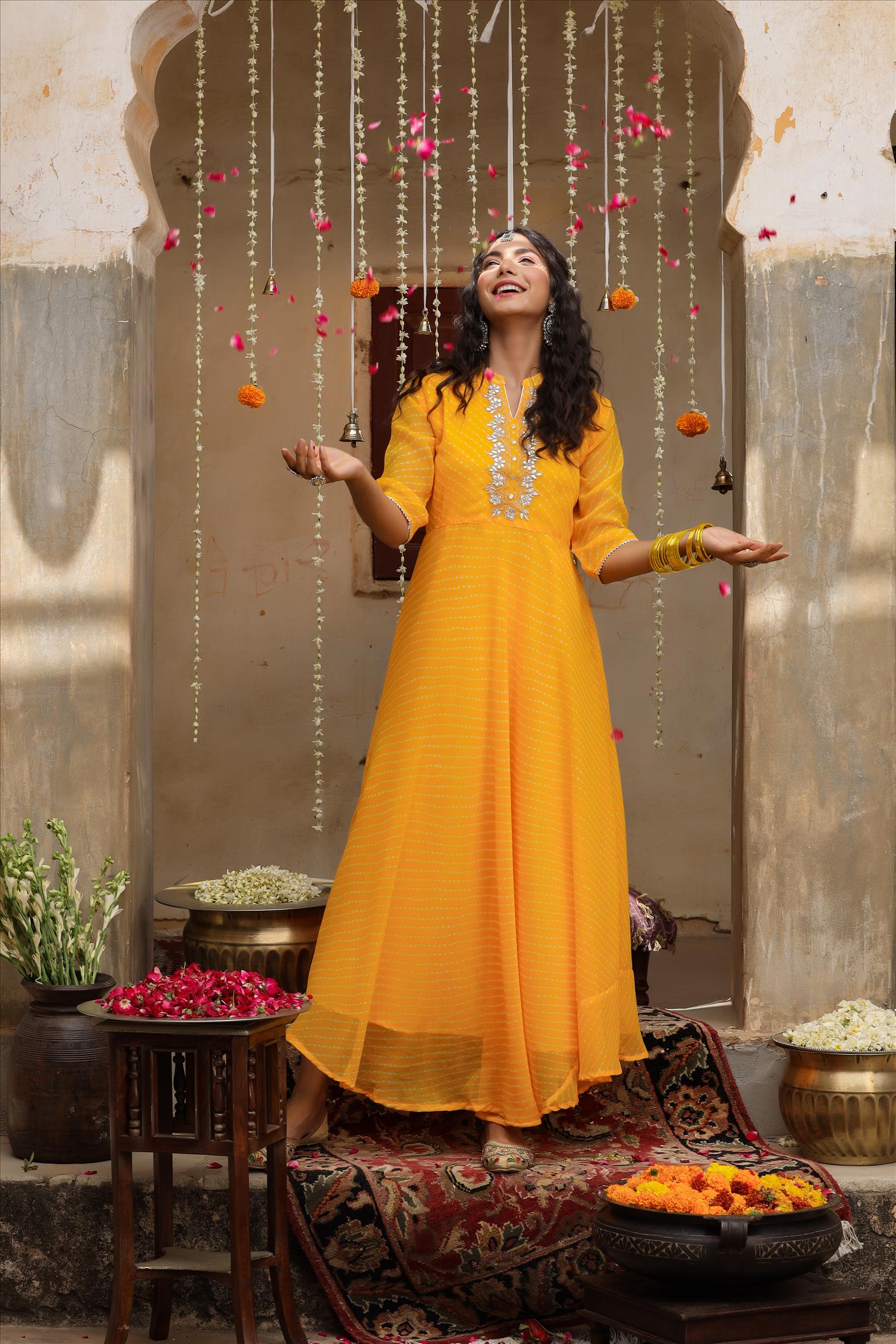 Party Wear Designer Yellow Patola Style Printed Art Silk Readymade Anarkali  Dress