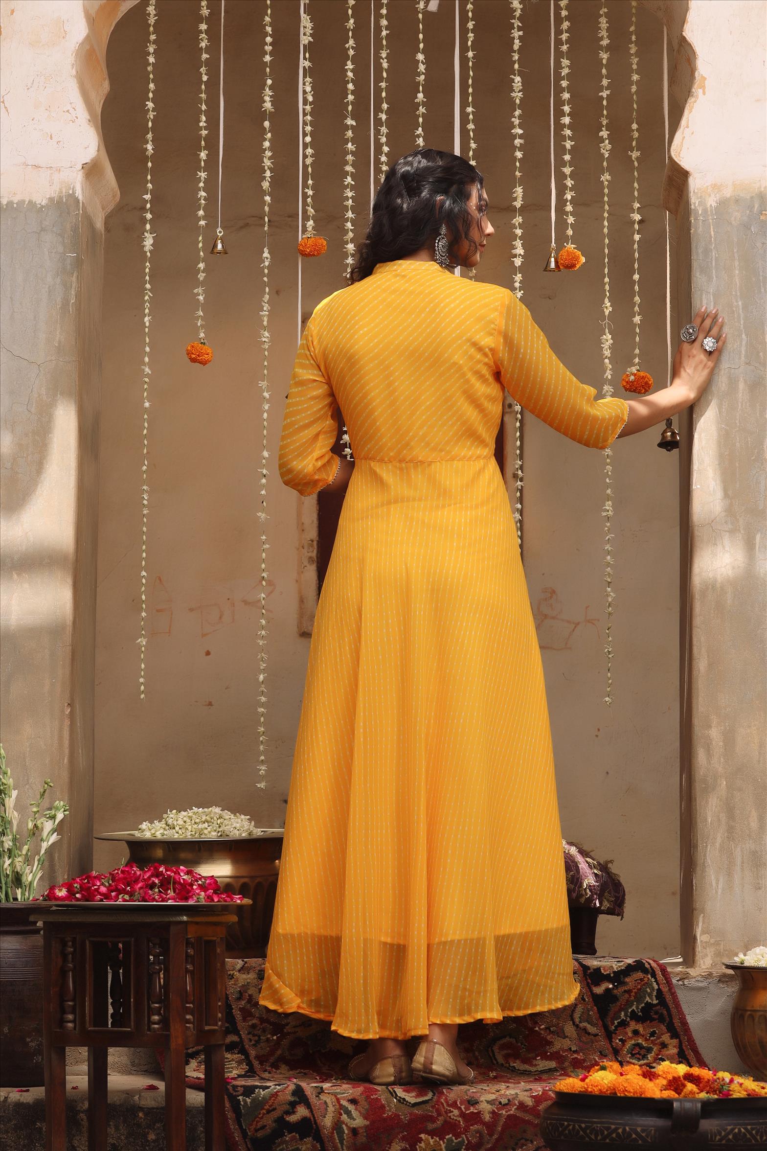 Yellow Georgette Leheriya Gota Asymmetric Pleated Anarkali Dress
