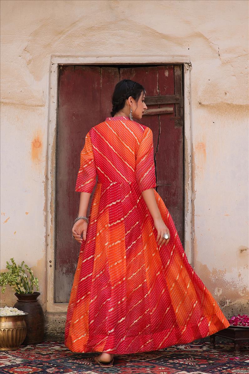 Orange Kota Doria Foil Print Tie & Dye Leheriya Anarkali Dress