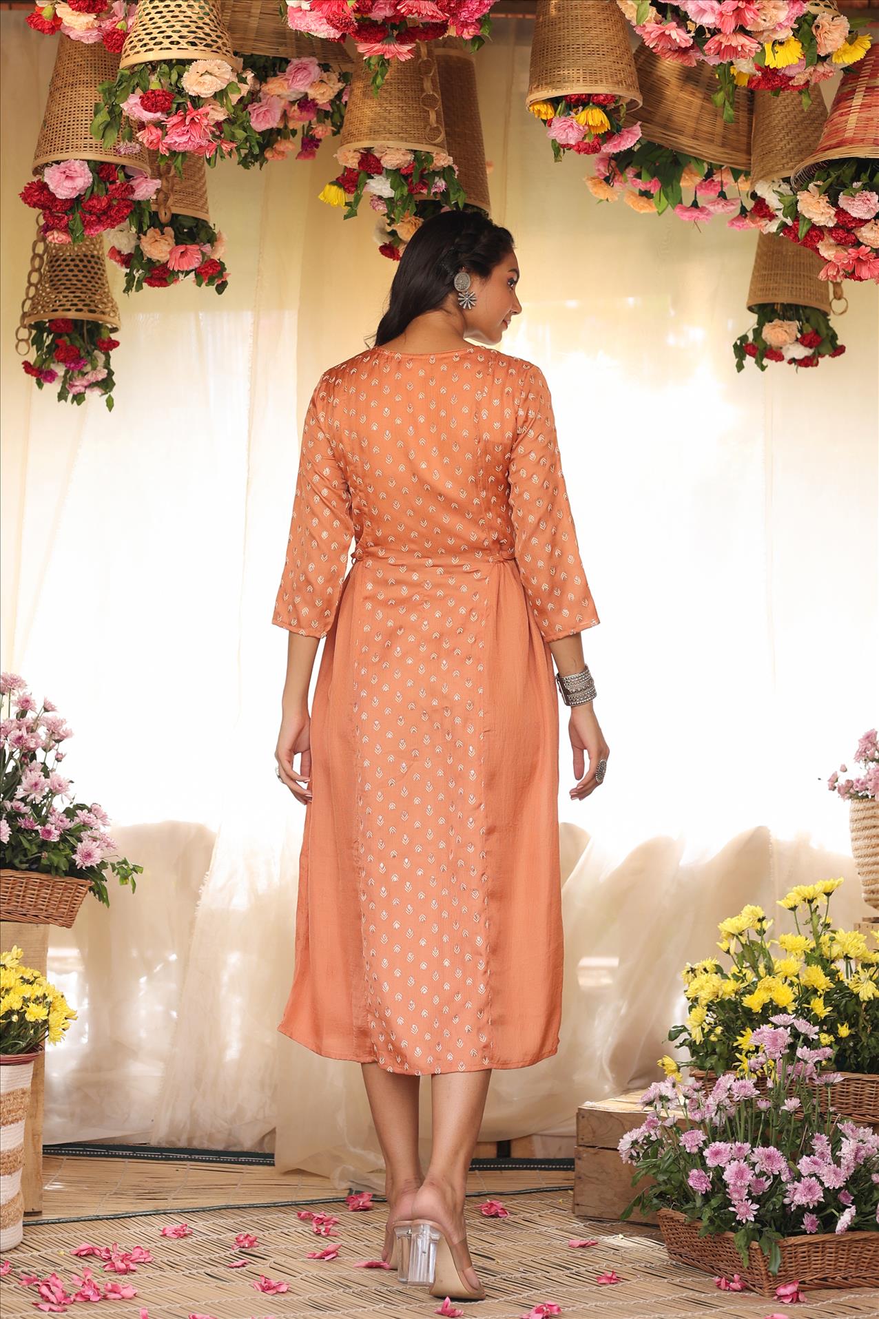 Orange Modal Foil Print Ethnic A-Line Midi Dress With Dori Tie-Ups