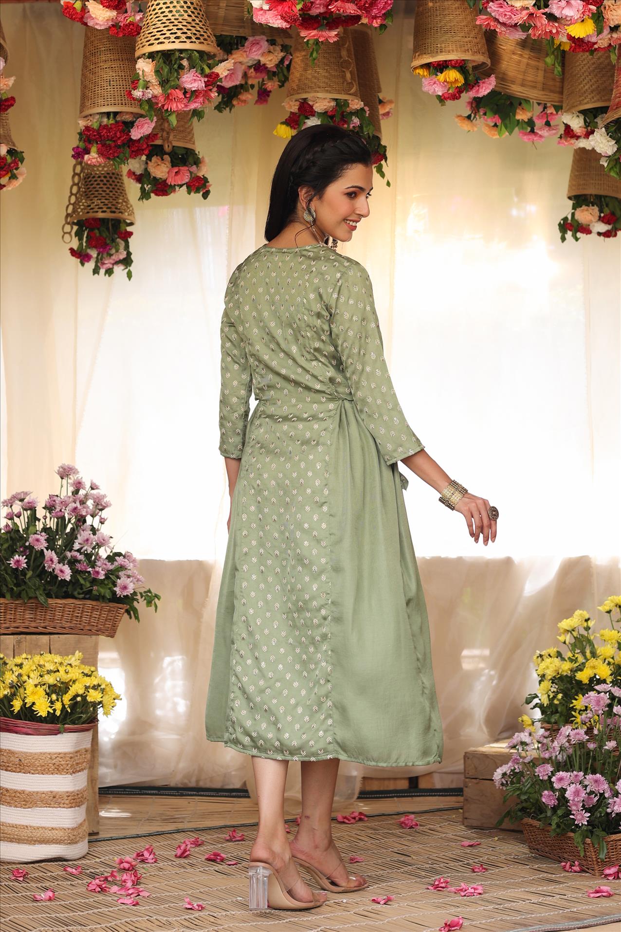 Pista Green Modal Foil Print Ethnic A-Line Midi Dress With Dori Tie-Ups