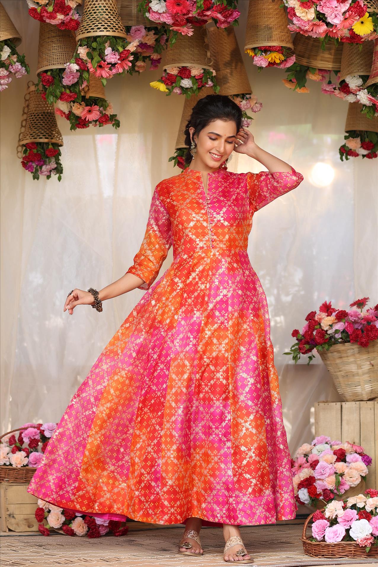 Pink Kota Doria Tie & Dye Foil Print Bandhani Anarkali Dress